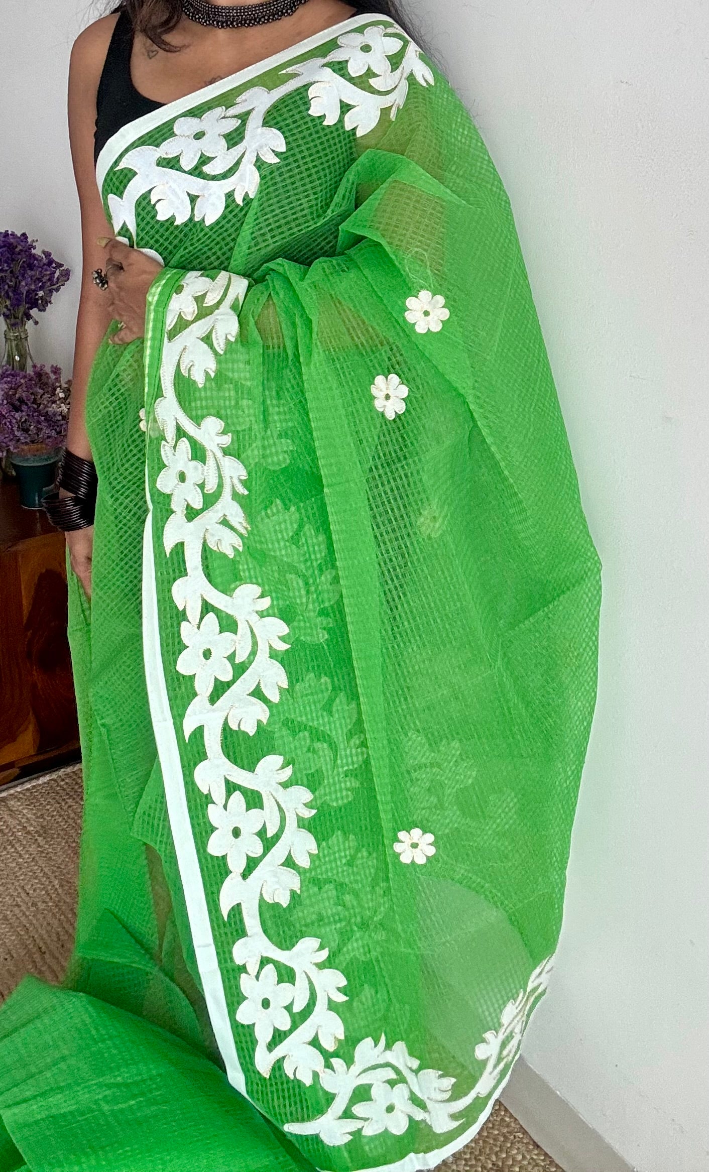 Khatta Kairi - green kota saree with white floral cut work - YCTORKDAP15