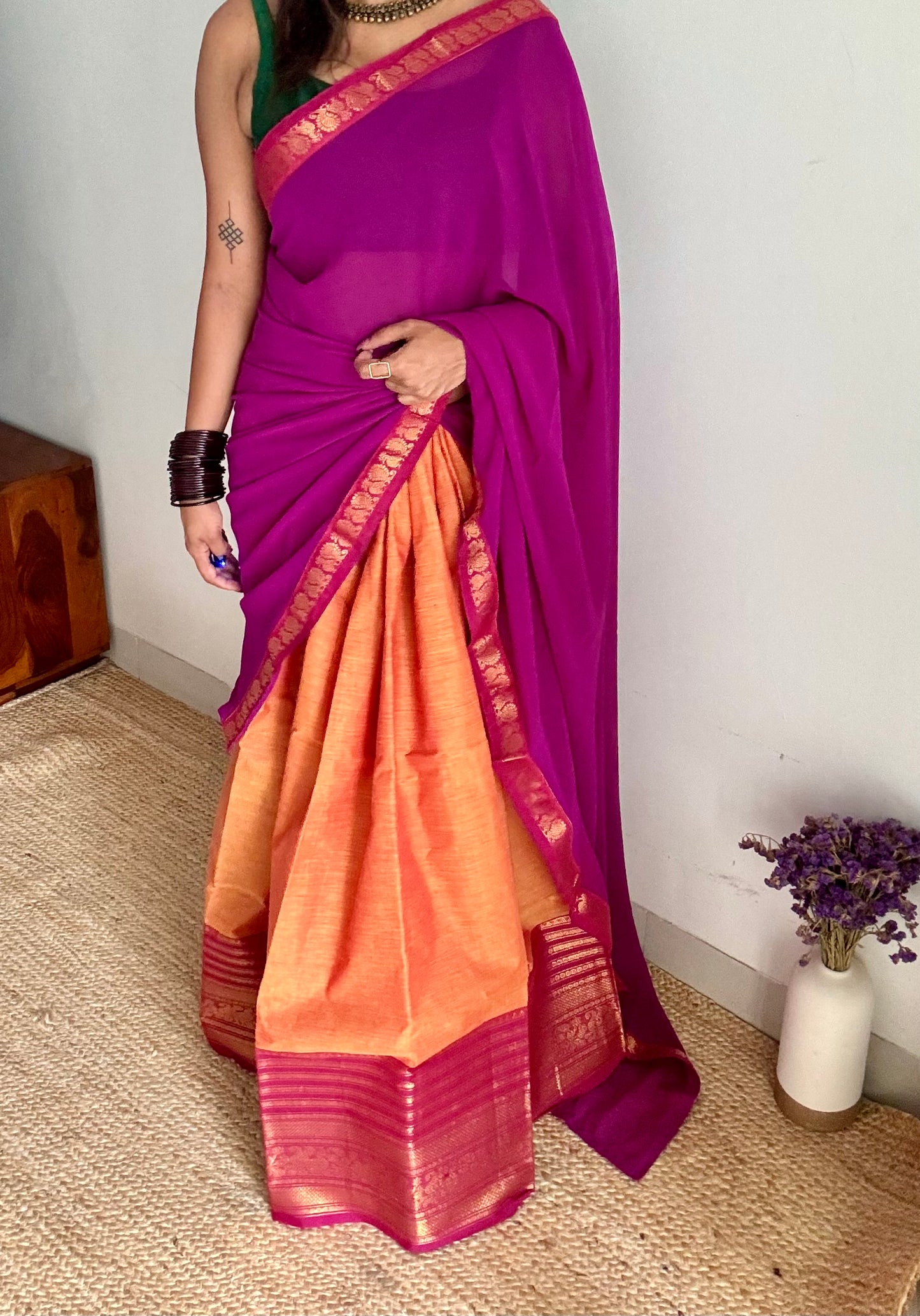 Orange - Magenta unstitched half saree material (dhavani), kanchi cotton - YCIEHS208
