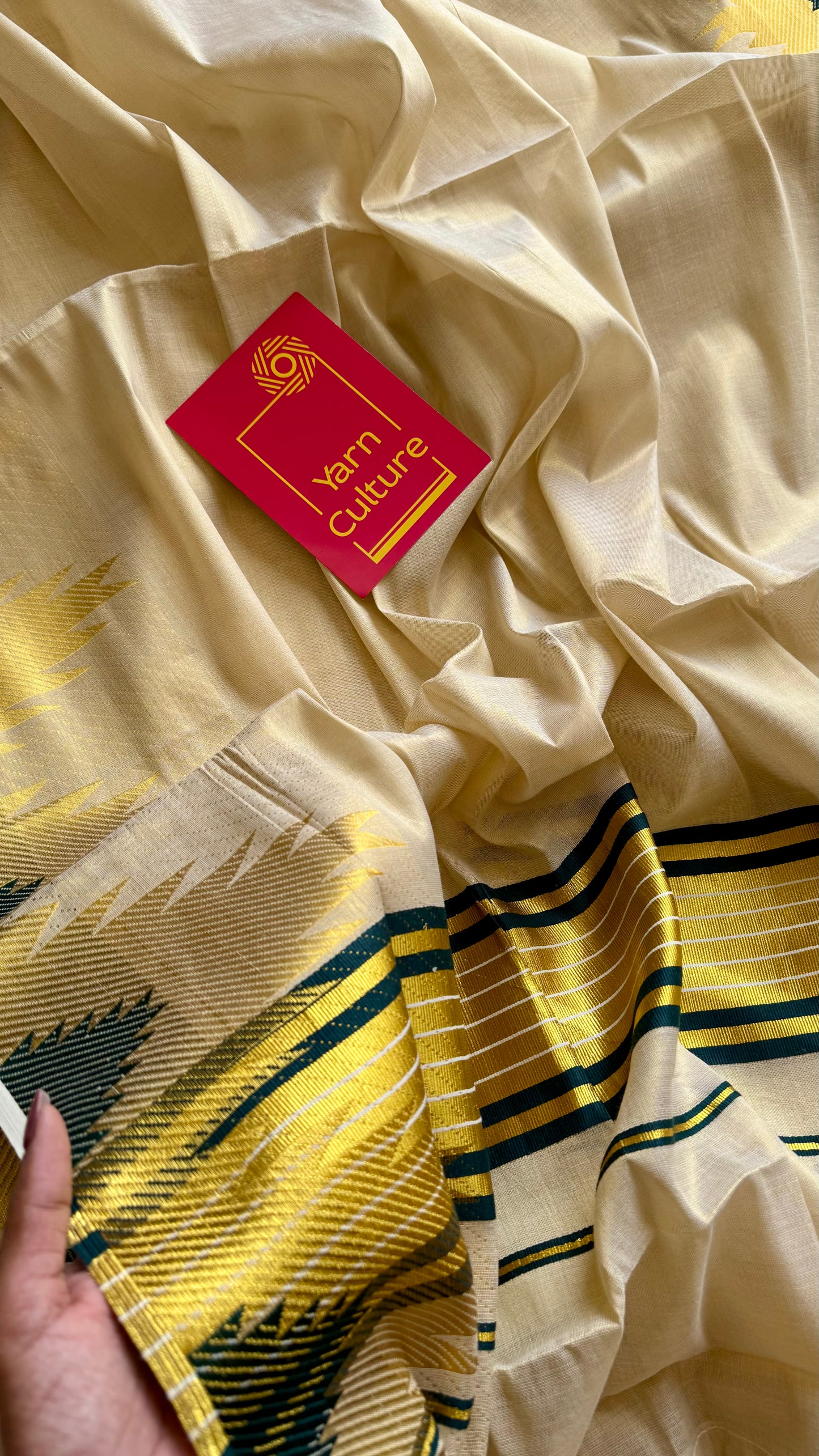 Ivory and gold kerala kasavu saree, dark green temple border - YCIEON47