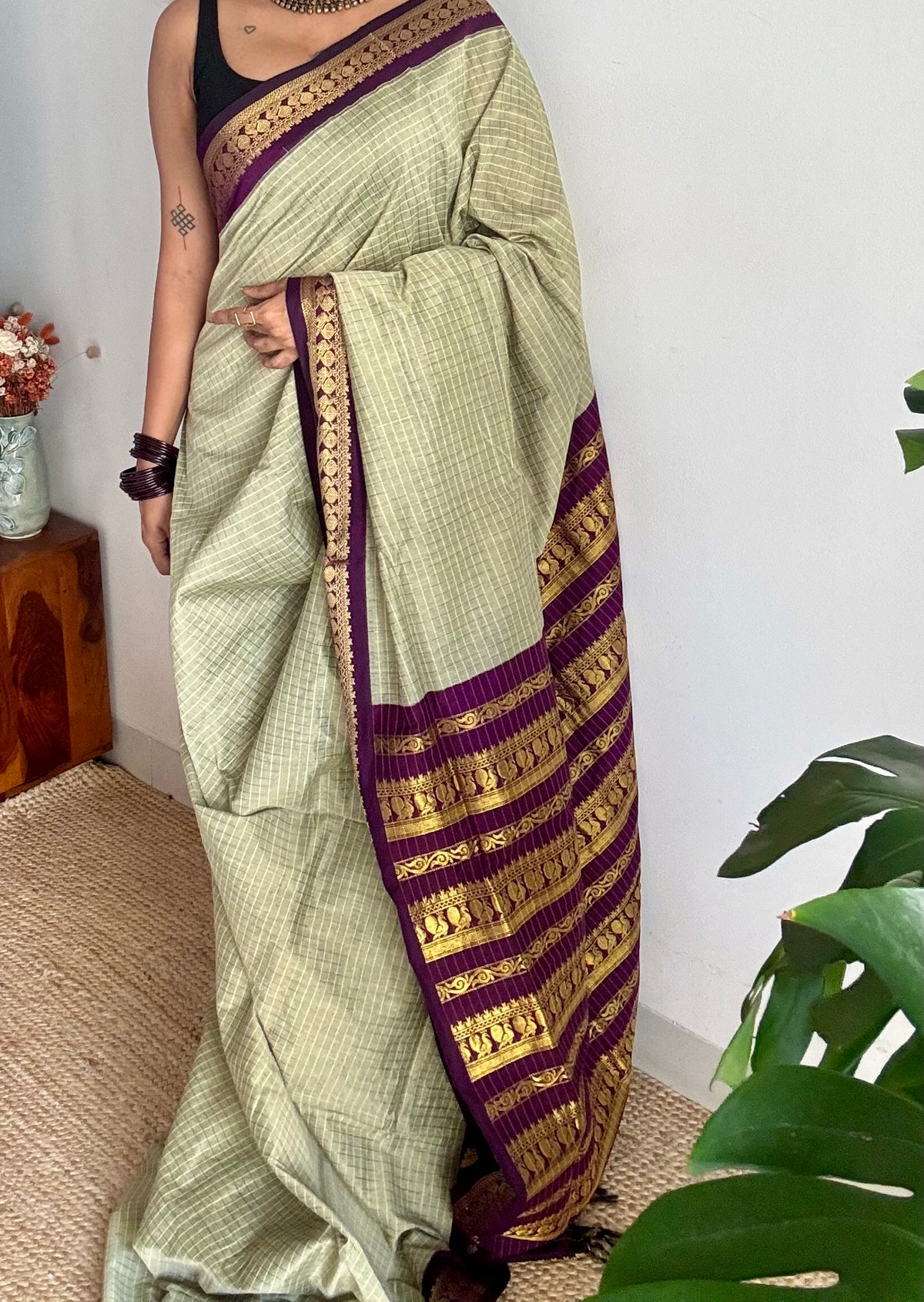 Warm grey with purple, zari checkered saree, cotton silk - YCCOTNKCOC105