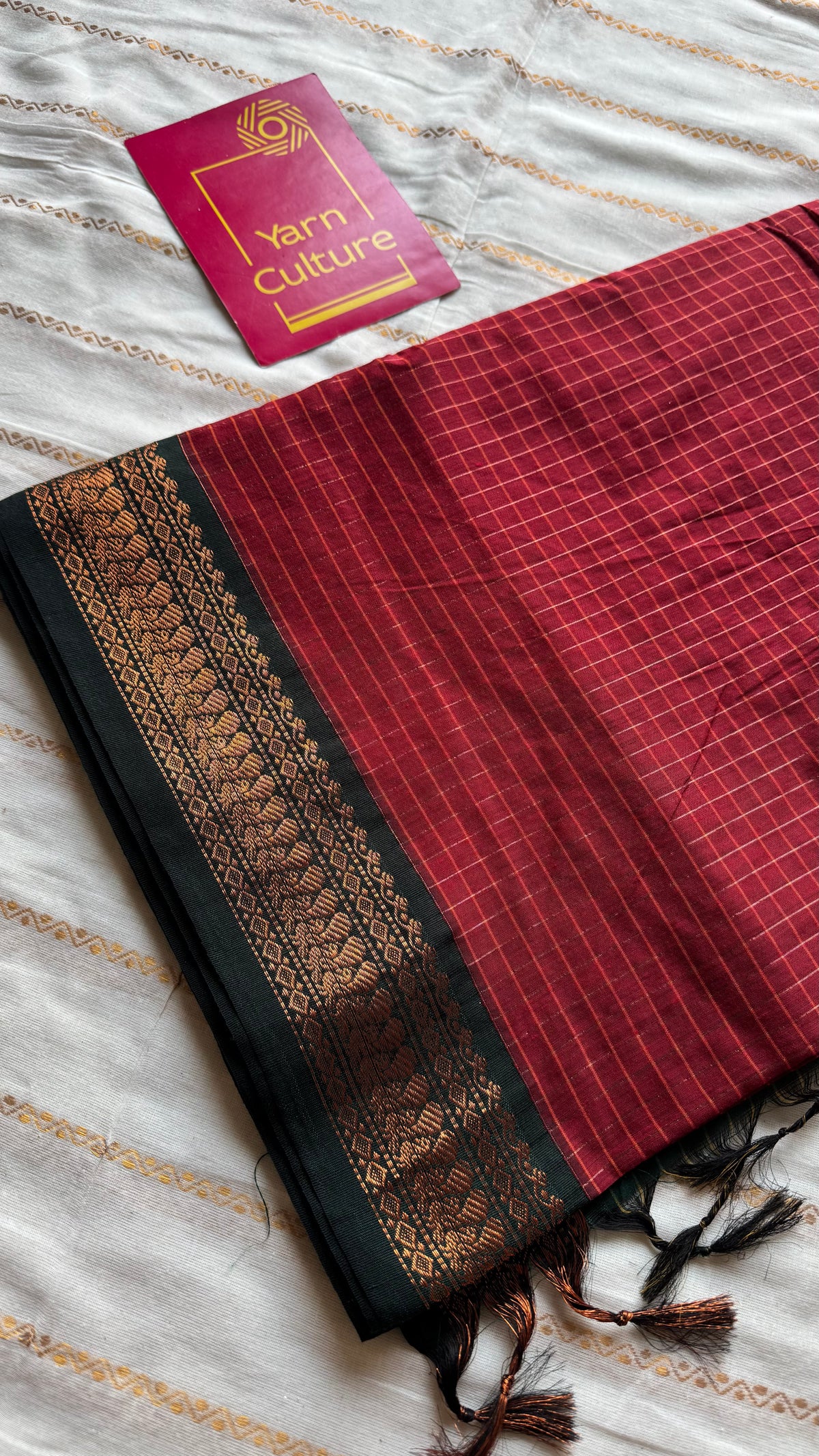 Dark red with green, zari checkered saree, cotton silk - YCCOTNKCOC100