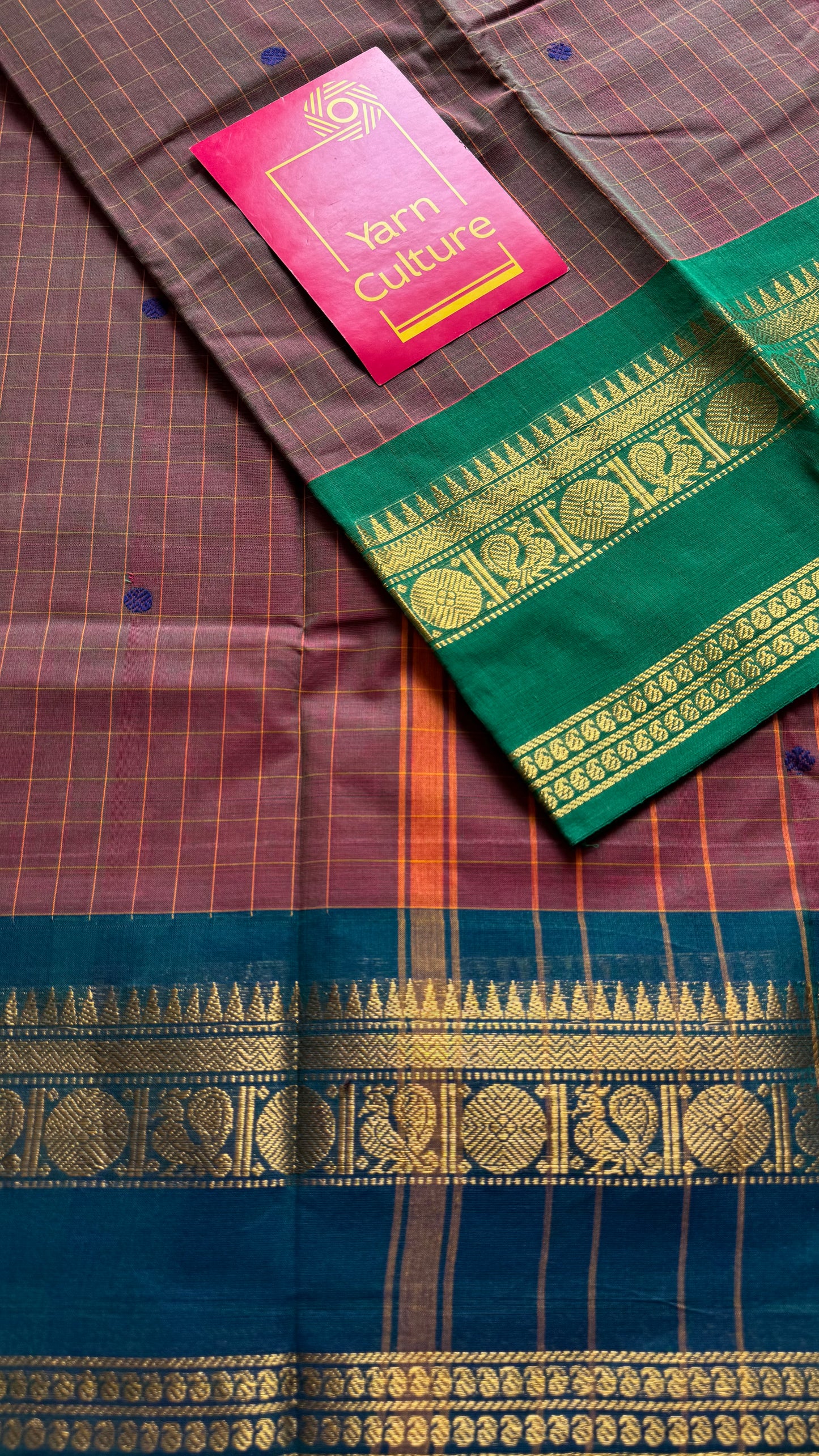 Kanchi cotton saree, light brown checks with green and peacock blue dual toned border - YCCOTNAP77