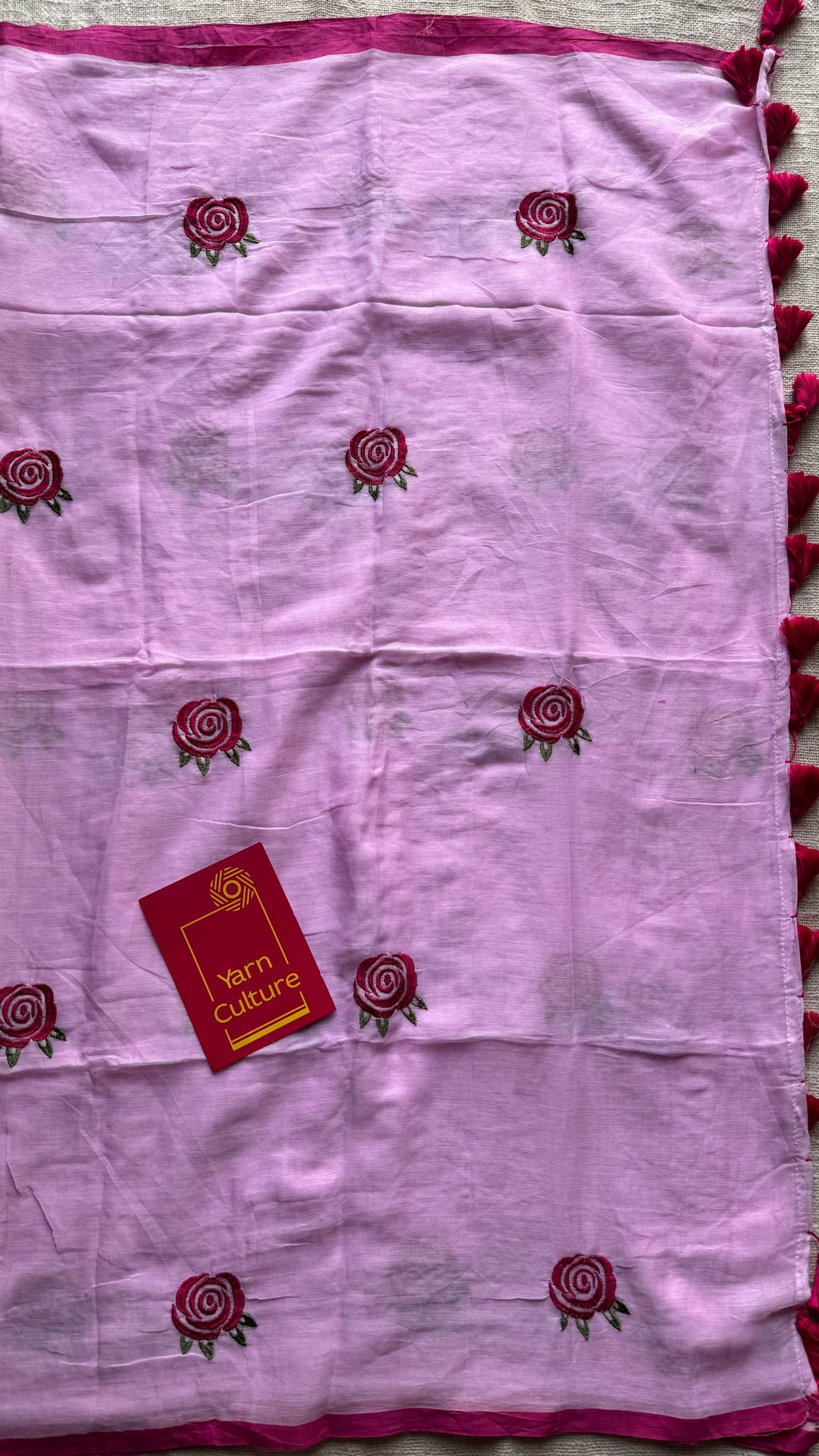 Pink mul with dark pink rose thread embroidery - YCBCMCNO73
