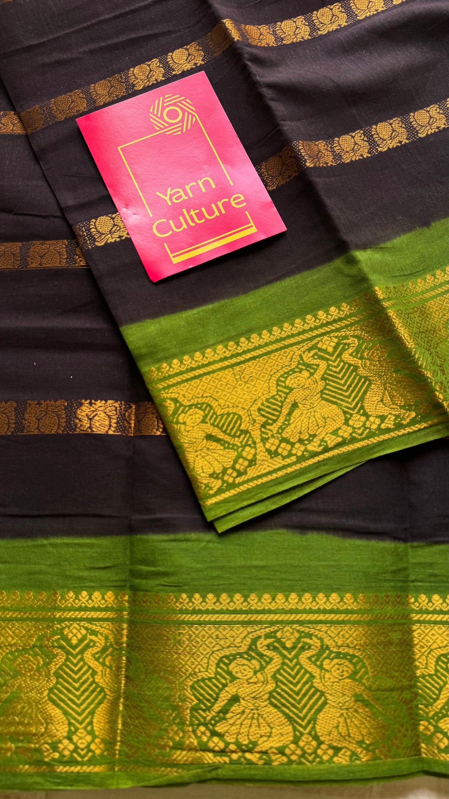 Black with green, multi peacock motif lines, kattuchayam dyed sungudi cotton - YCCOTNJUCC14