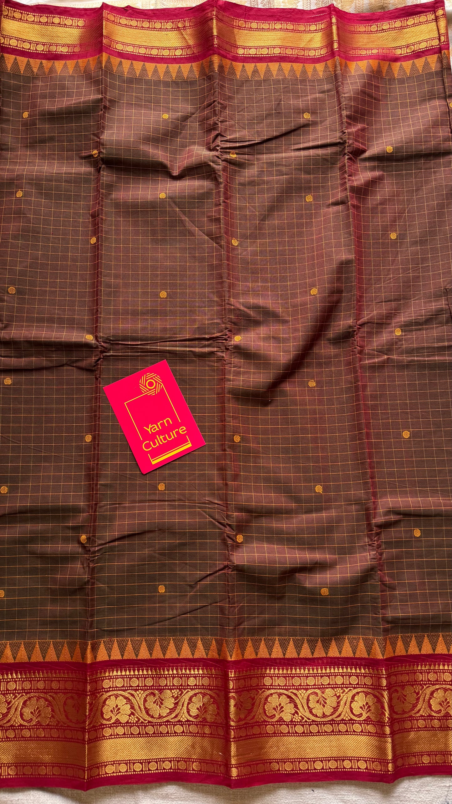 Brownish green with red contrast, checkered kanchi cotton saree - YCCOTNJU22