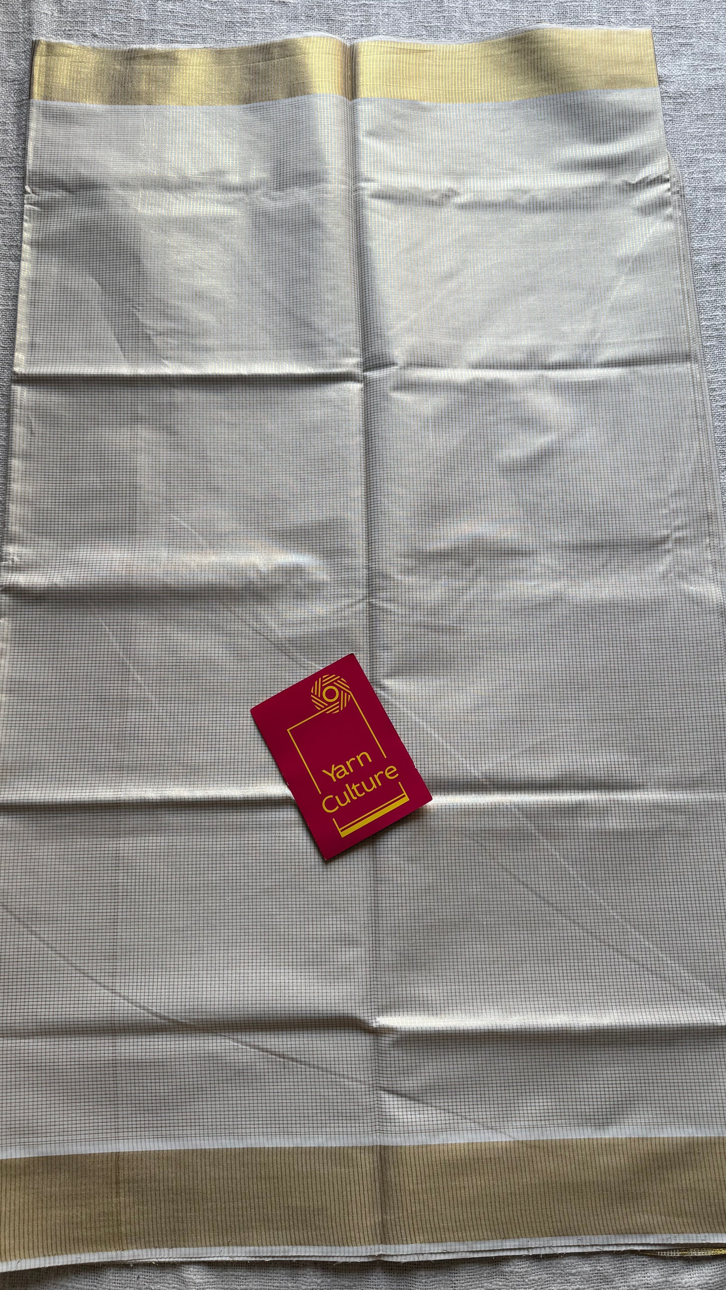 Ivory Kerala tissue cotton saree with gold microchecks - YCIEKCFE317