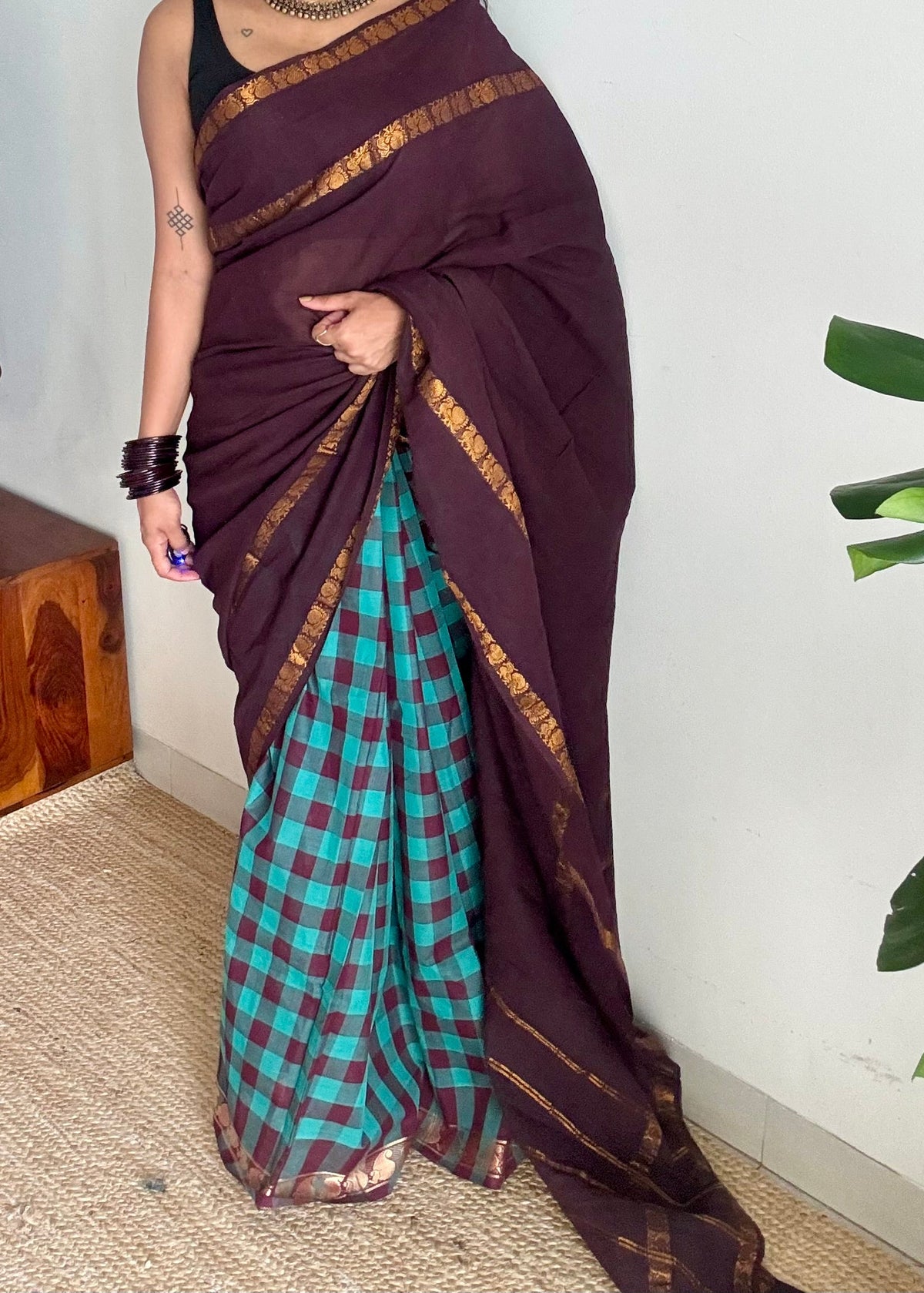 Brown with turquoise multi checks, sungudi and chettinad cotton half-half saree - YCCOTNIDOC36