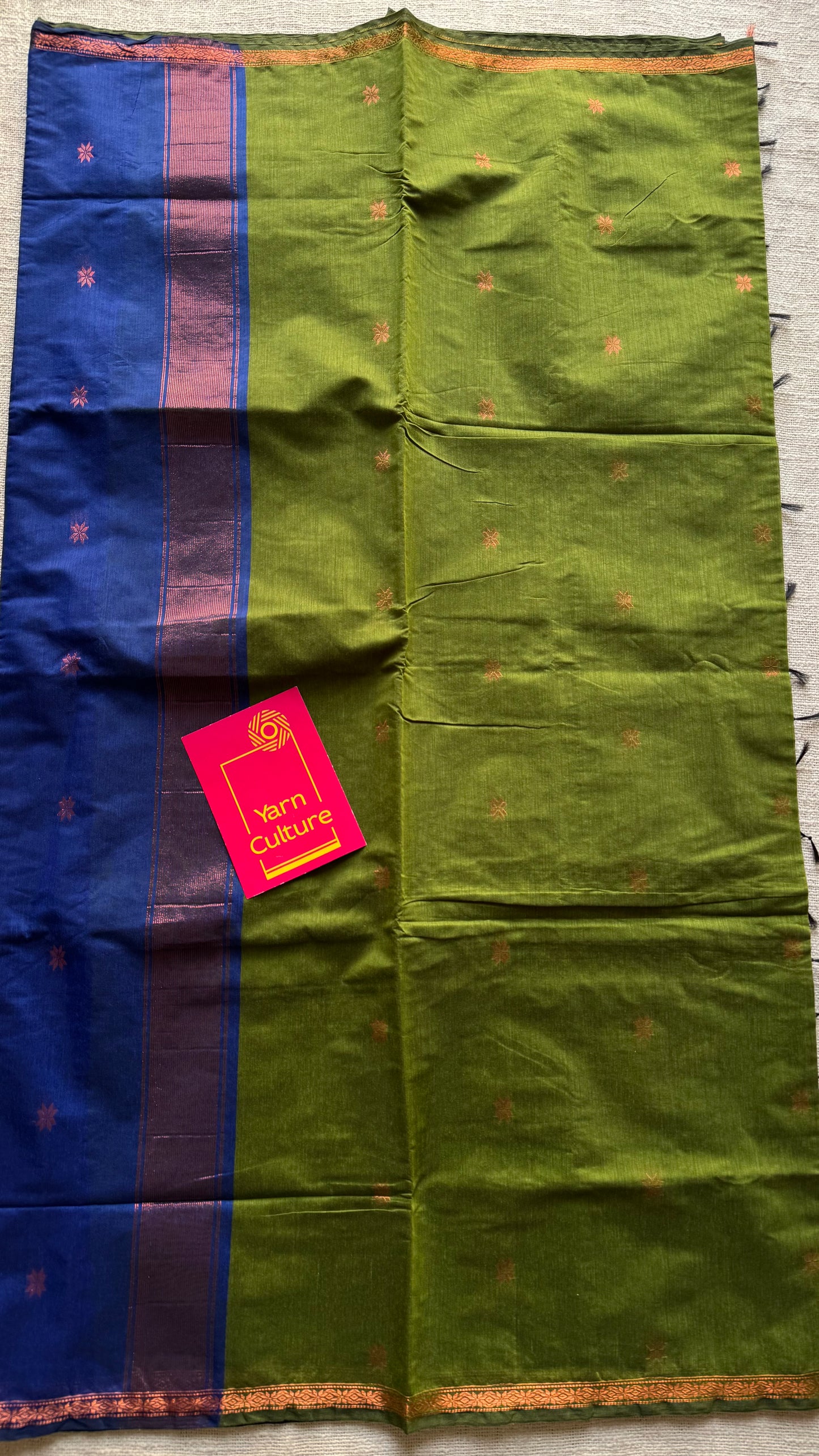 Parrot green with blue, copper zari buttas, semi maheshwari cotton silk - YCCOTNCSDE90