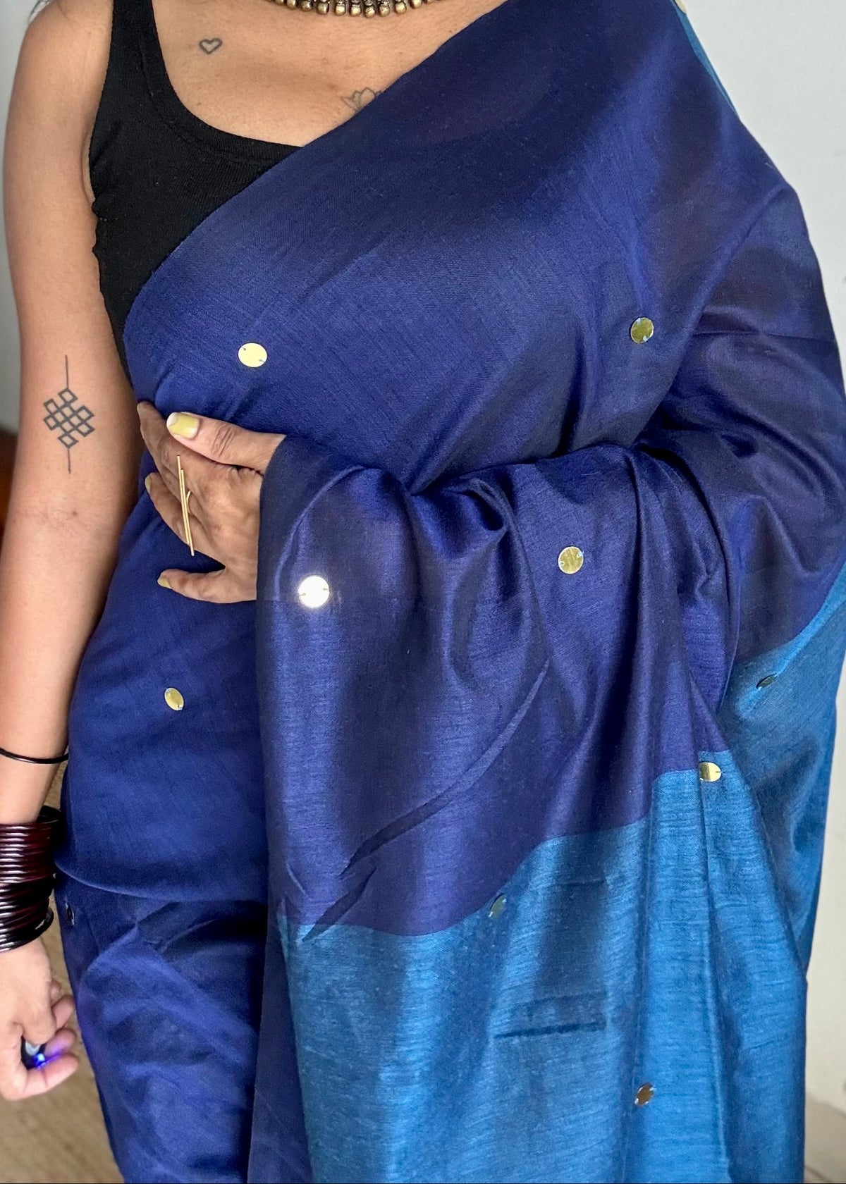Dark blue with peacock blue contrast pallu, gini sequins, soft cotton saree - YCBCSCOC05