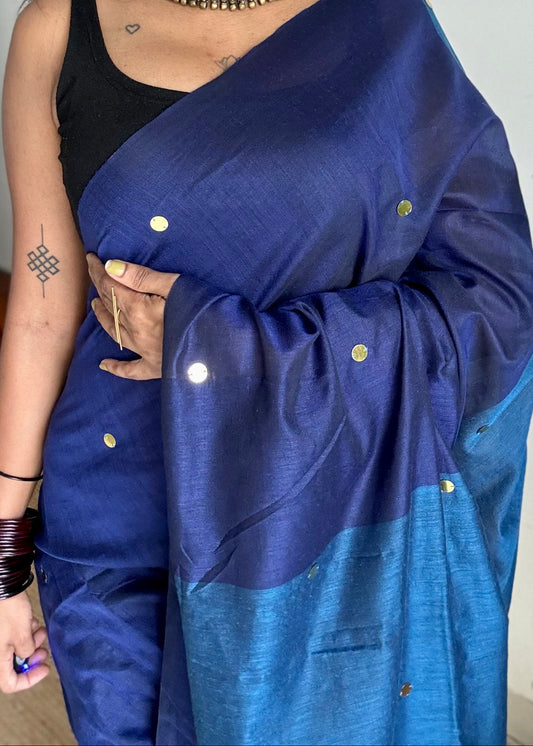 Dark blue with peacock blue contrast pallu, gini sequins, soft cotton saree - YCBCSCOC05