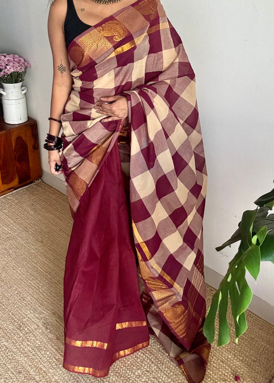Multicoloured checks with maroon, cotton half and half saree - YCCOTNIDOC127