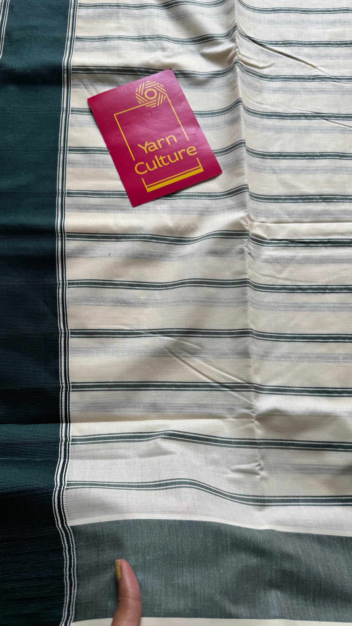 Ivory Kerala cotton saree with green stripes and border - YCIEKCFE323