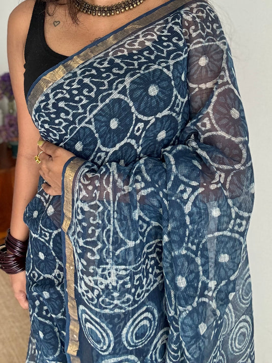 Neel Full Volume - indigo floral kota doria saree, with gold zari border - YCTORKDAP06