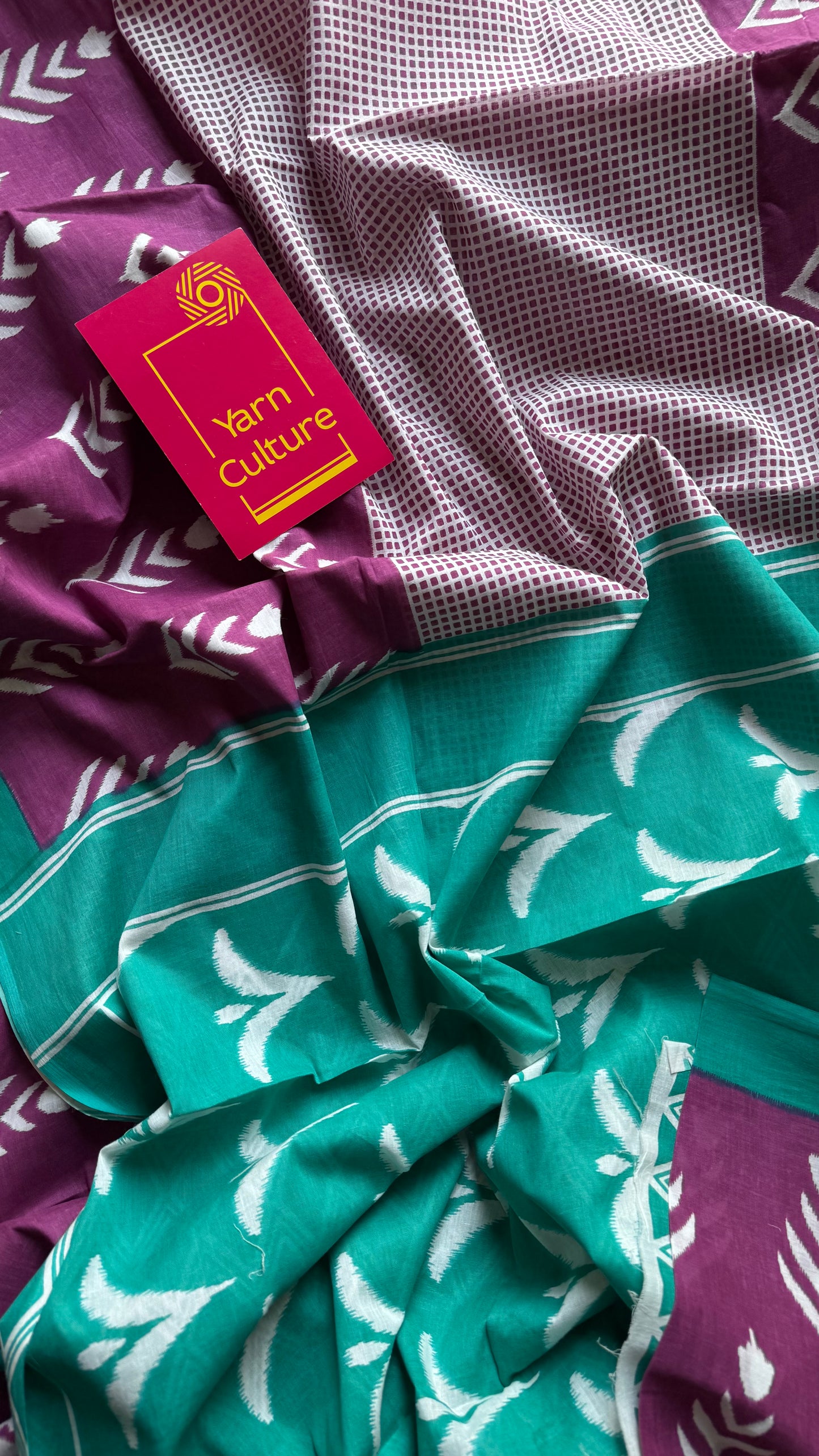 Magenta with turquoise green and white motifs, soft cotton saree - YCTORCMA06