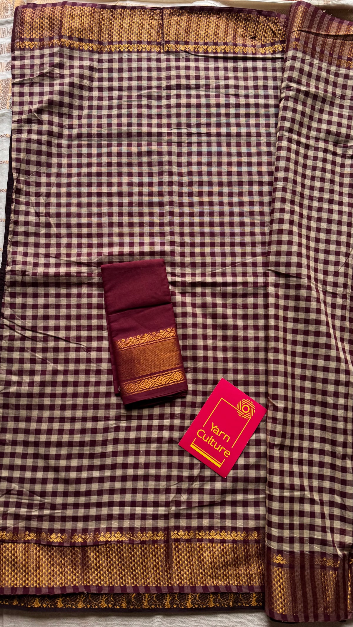 Brown and maroon with cream checks, sungudi and chettinad cotton half-half saree - YCCOTNIDOC31