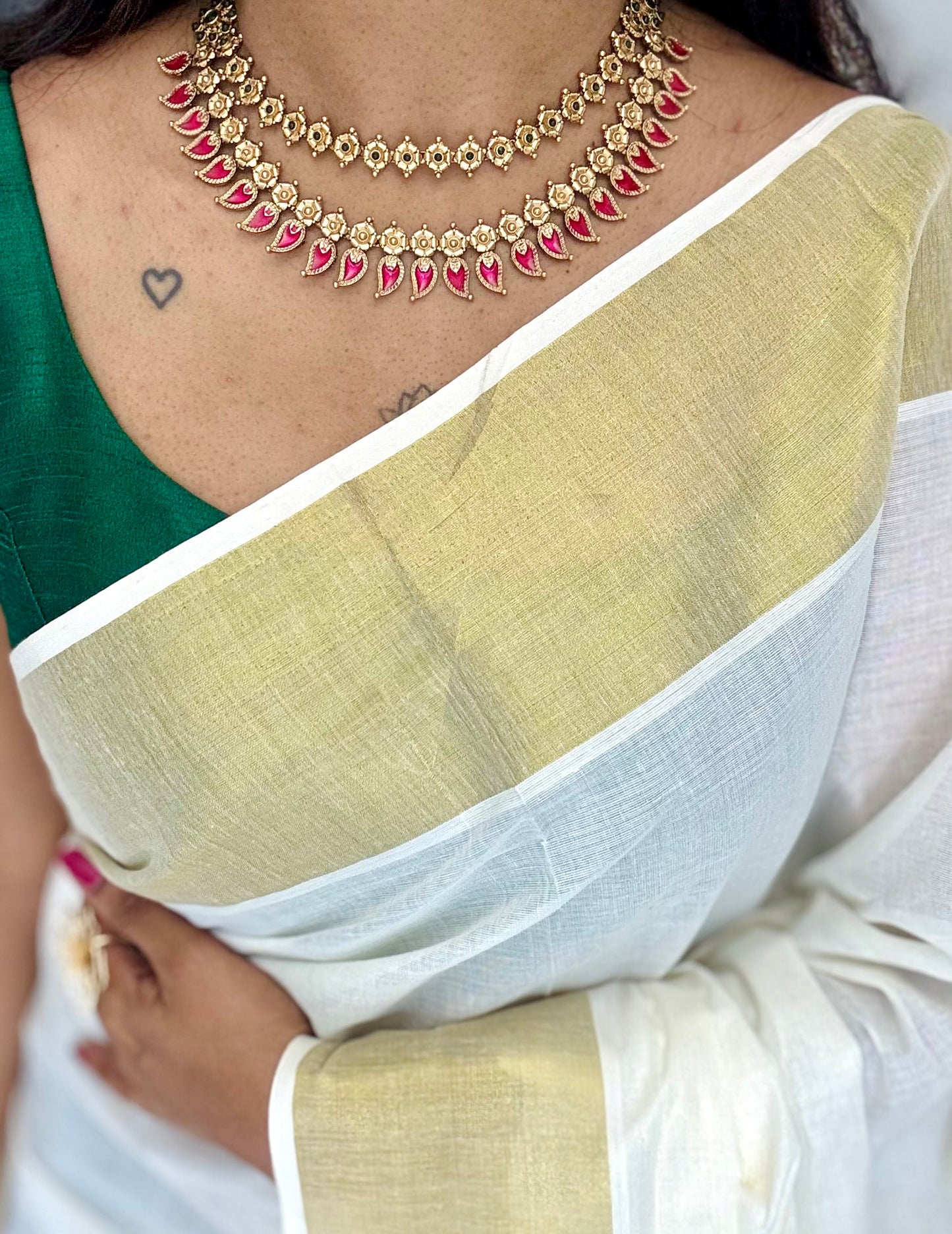 Red palakka double layered necklace in antique gold - YCAGC43