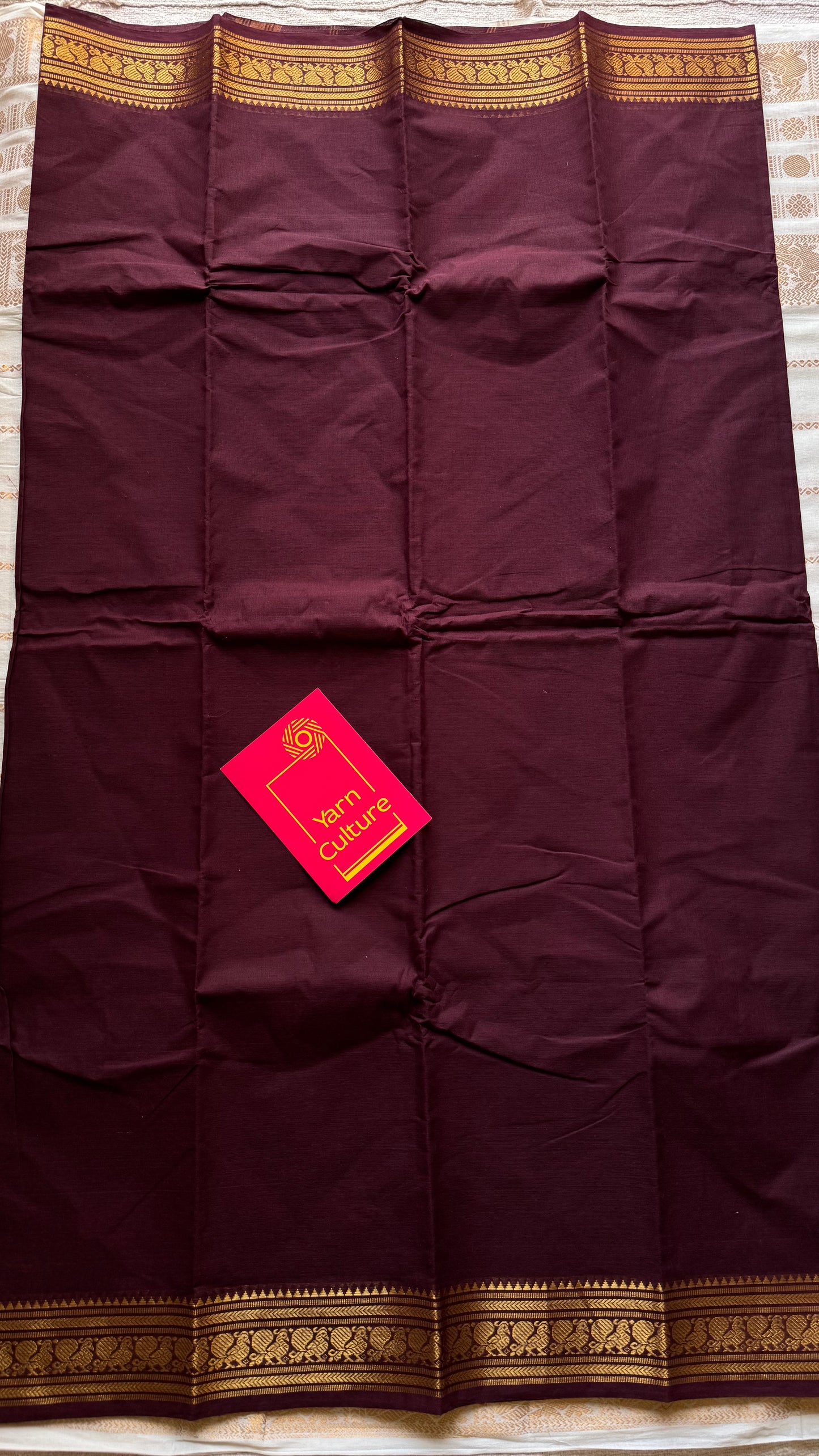 Chettinad cotton saree in maroon with thin peacock zari motif border - YCCOTNJUCC10