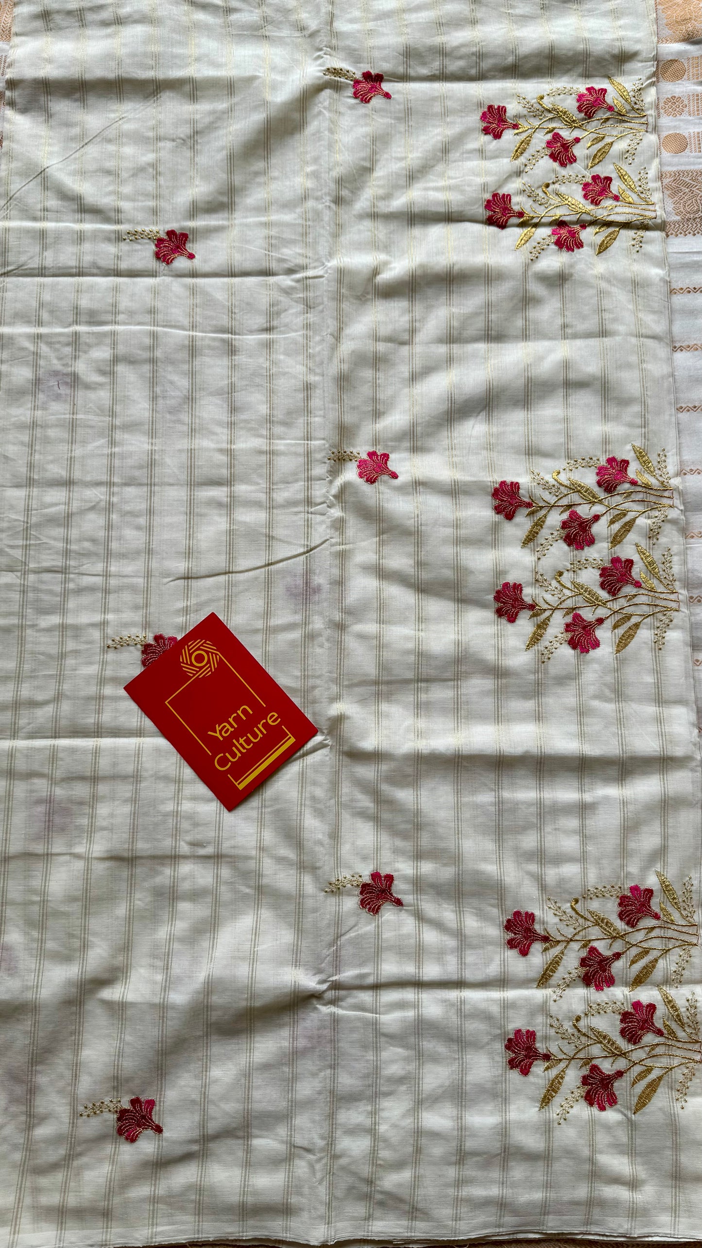 Ivory and gold soft cotton saree, hot pink floral embroidery  - YCIEON54