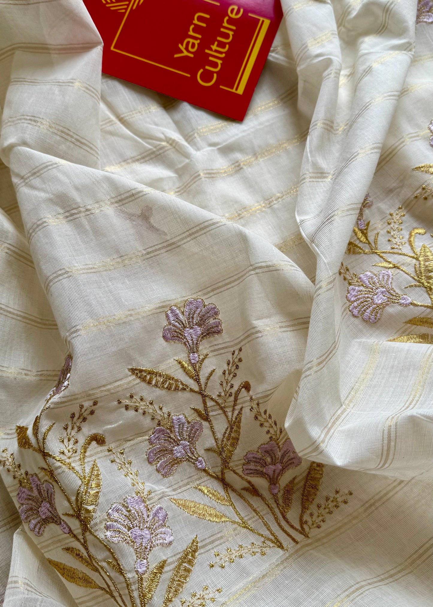 Ivory and gold soft cotton saree, lavender floral embroidery  - YCIEON53