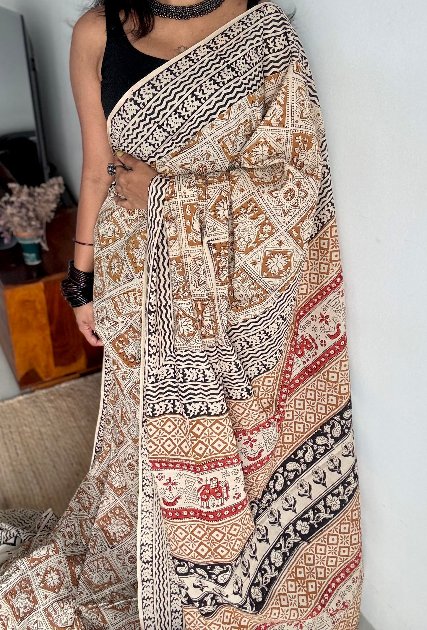 Katha - elephants, florals, and geometric tales block printed on earthy brown, soft cotton - YCWOTDNOBP92