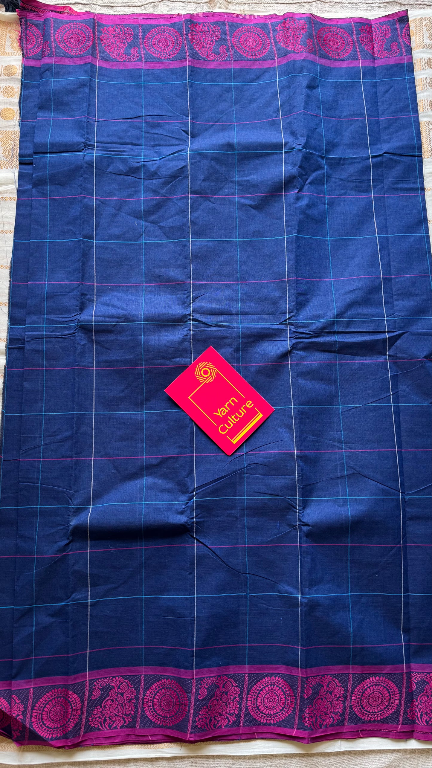 Chettinad cotton saree in dark blue with pink checks, thread motif border - YCCOTNJUCC06