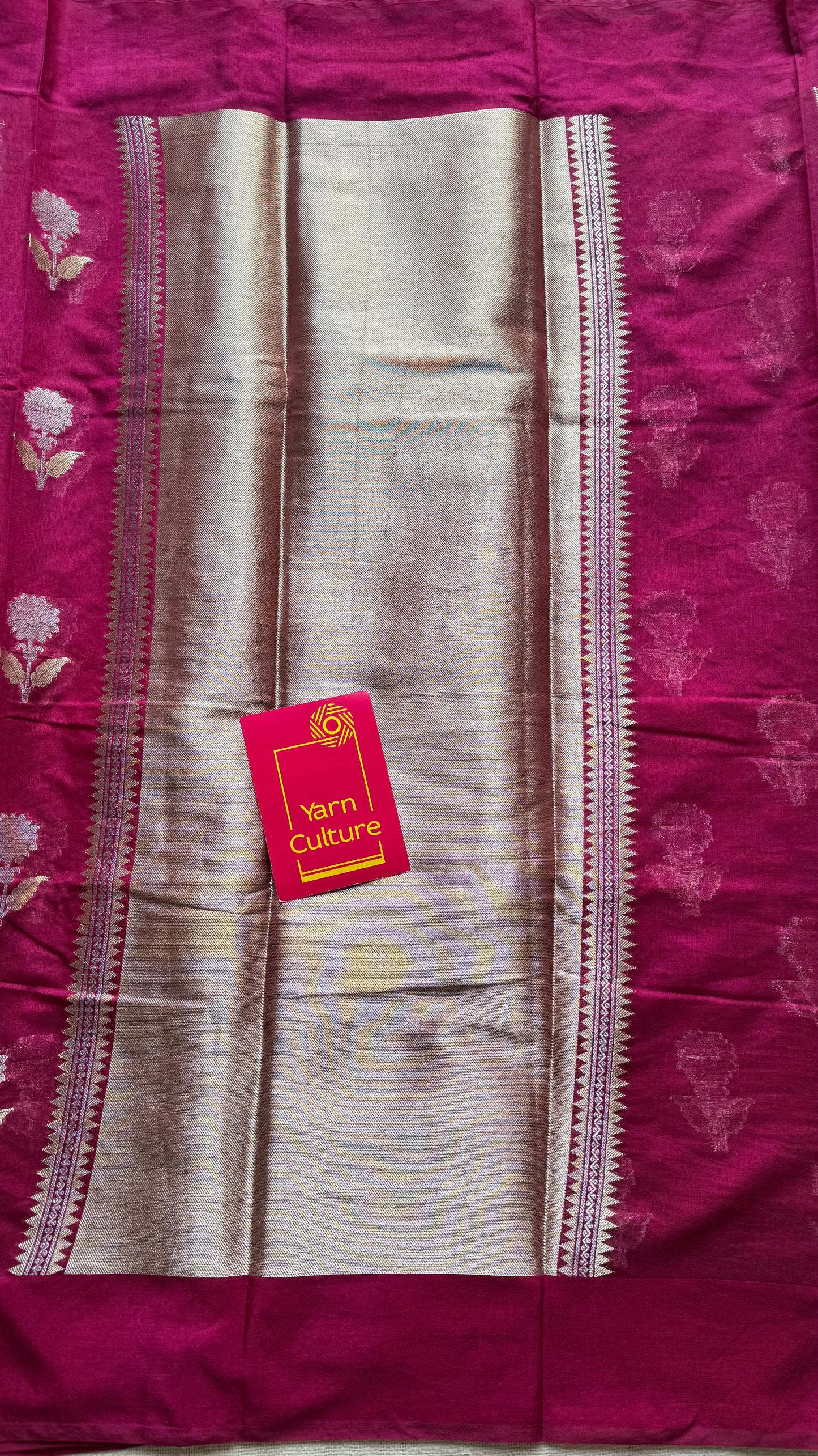 Ruby with gold and silver floral buttas, Banarasi semi-crepe silk - YCDESE52