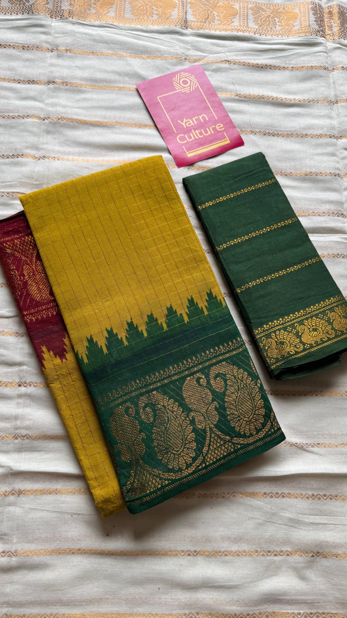 Sungudi cotton checks, mustard yellow base, maroon and dark green dual tone border, soft cotton - YCCOTNMSJUL11