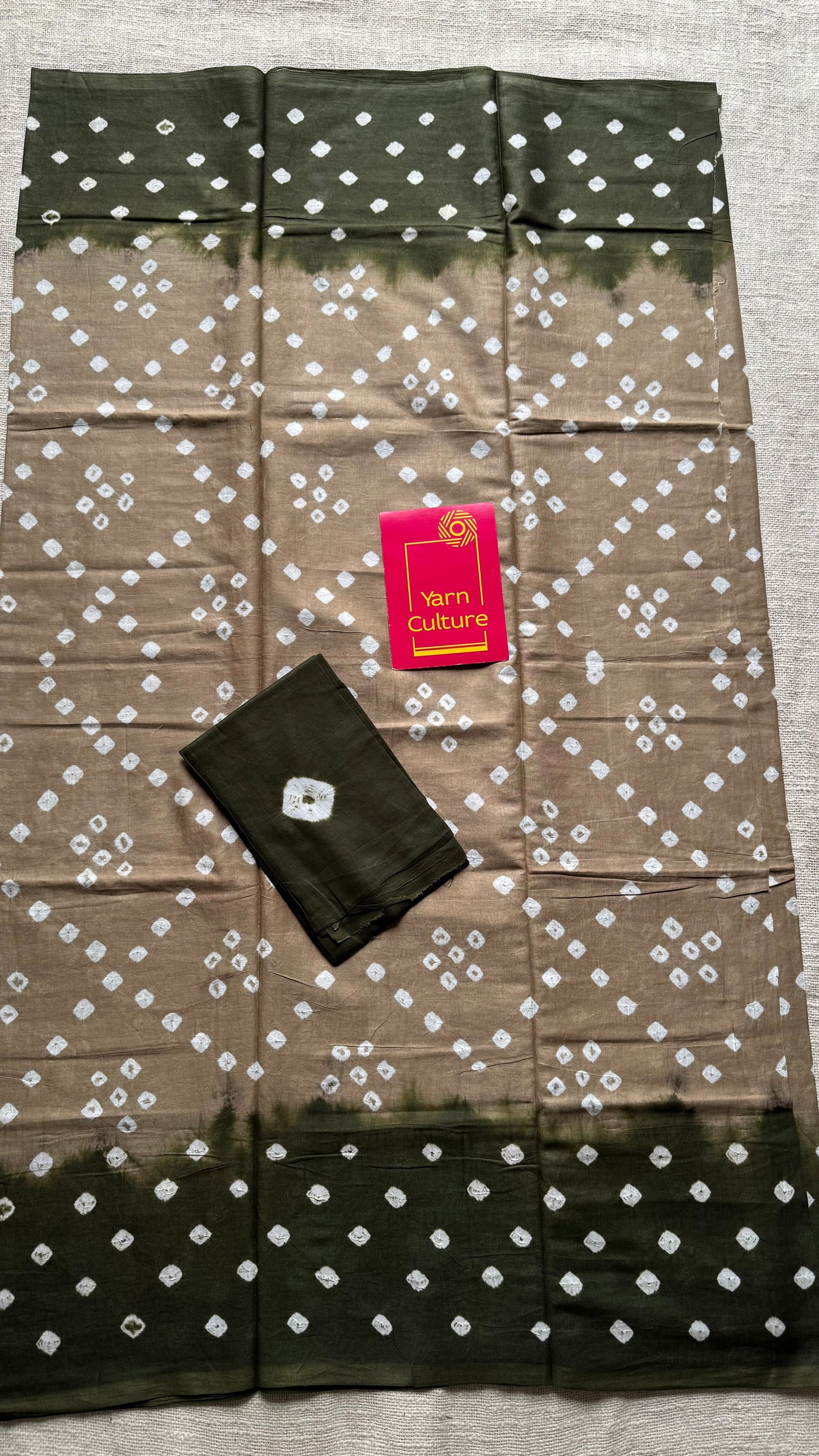 Light brown with dark green Sungudi/Bandhani, soft cotton - YCCOTNSEMS80