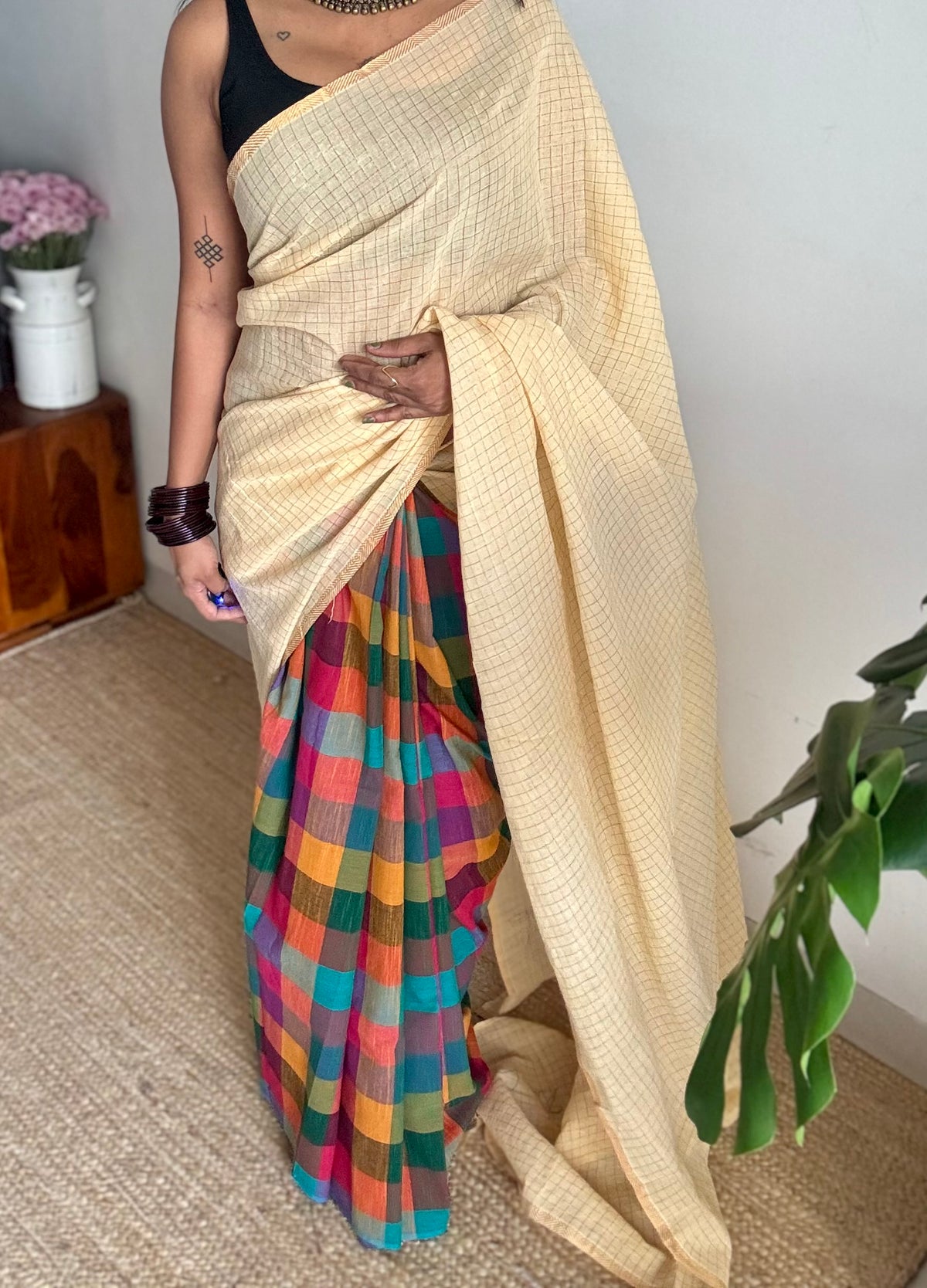 Ivory with multicoloured madras checks, cotton half and half saree - YCCOTNIDOC162