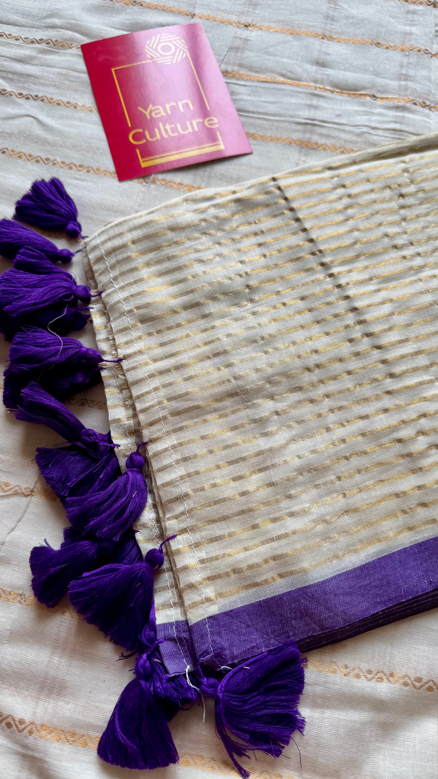 Ivory mul saree, gold stripes, purple border - YCIEON21