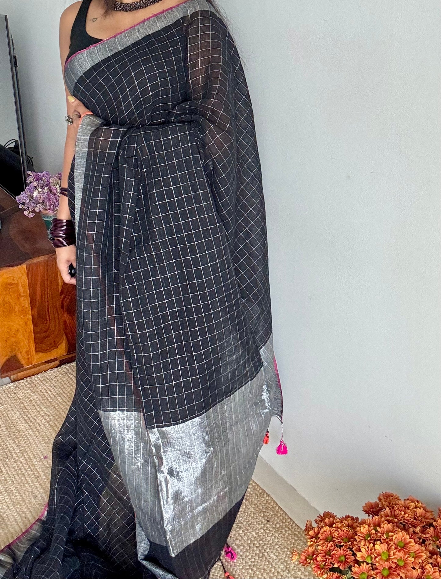 Black linen by cotton saree, silver checks & zari pallu - YCBCLCFE389