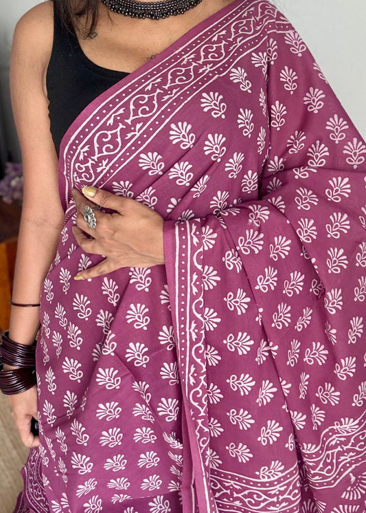 Purple pink with off white floral motifs, block printed soft cotton saree - YCTORCMA18