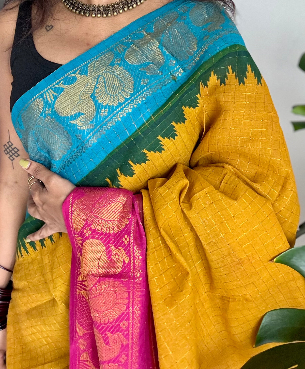 Sungudi cotton checks, mustard yellow base, blue and hot pink dual tone border, soft cotton - YCCOTNMSSE09