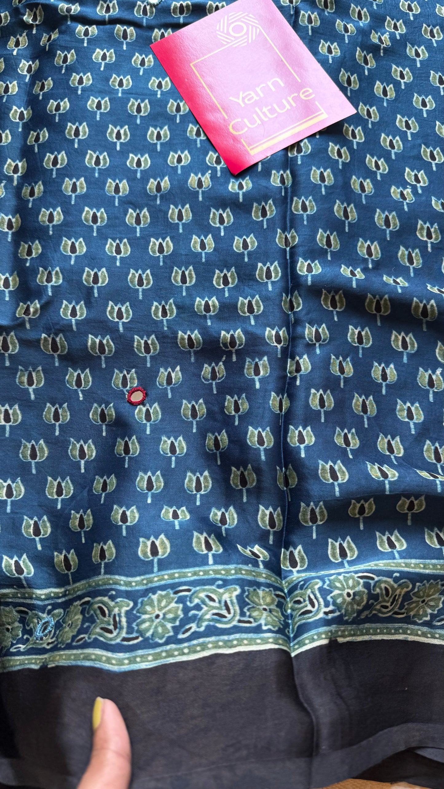 Indigo pure modal silk saree with ajrakh handblock print and mirror work - YCTOKAJM339