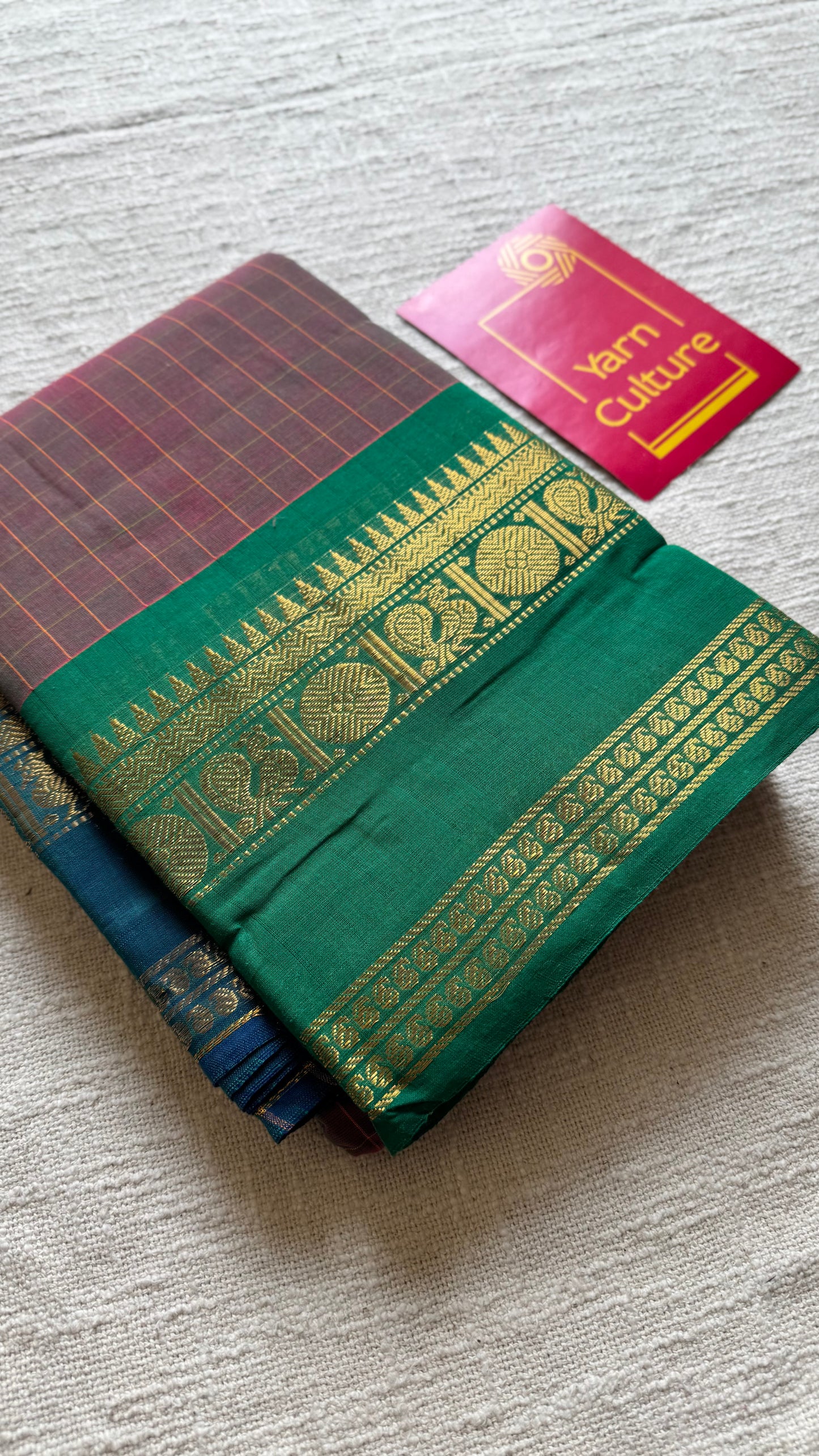 Kanchi cotton saree, light brown checks with green and peacock blue dual toned border - YCCOTNAP77