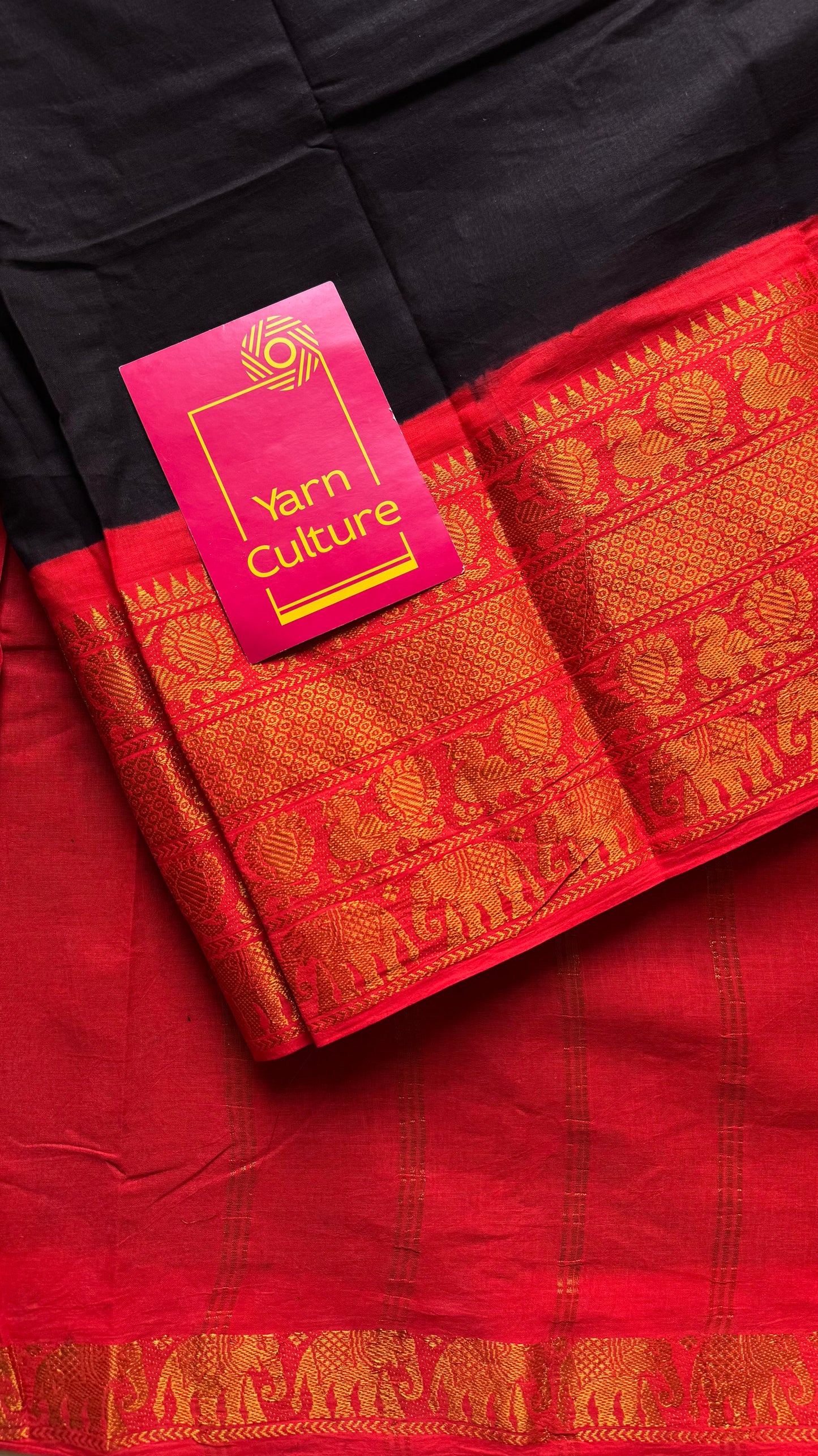 Black long border sungudi saree with chilli red contrast, kattuchayam dyed madurai cotton - YCCOTNMA252