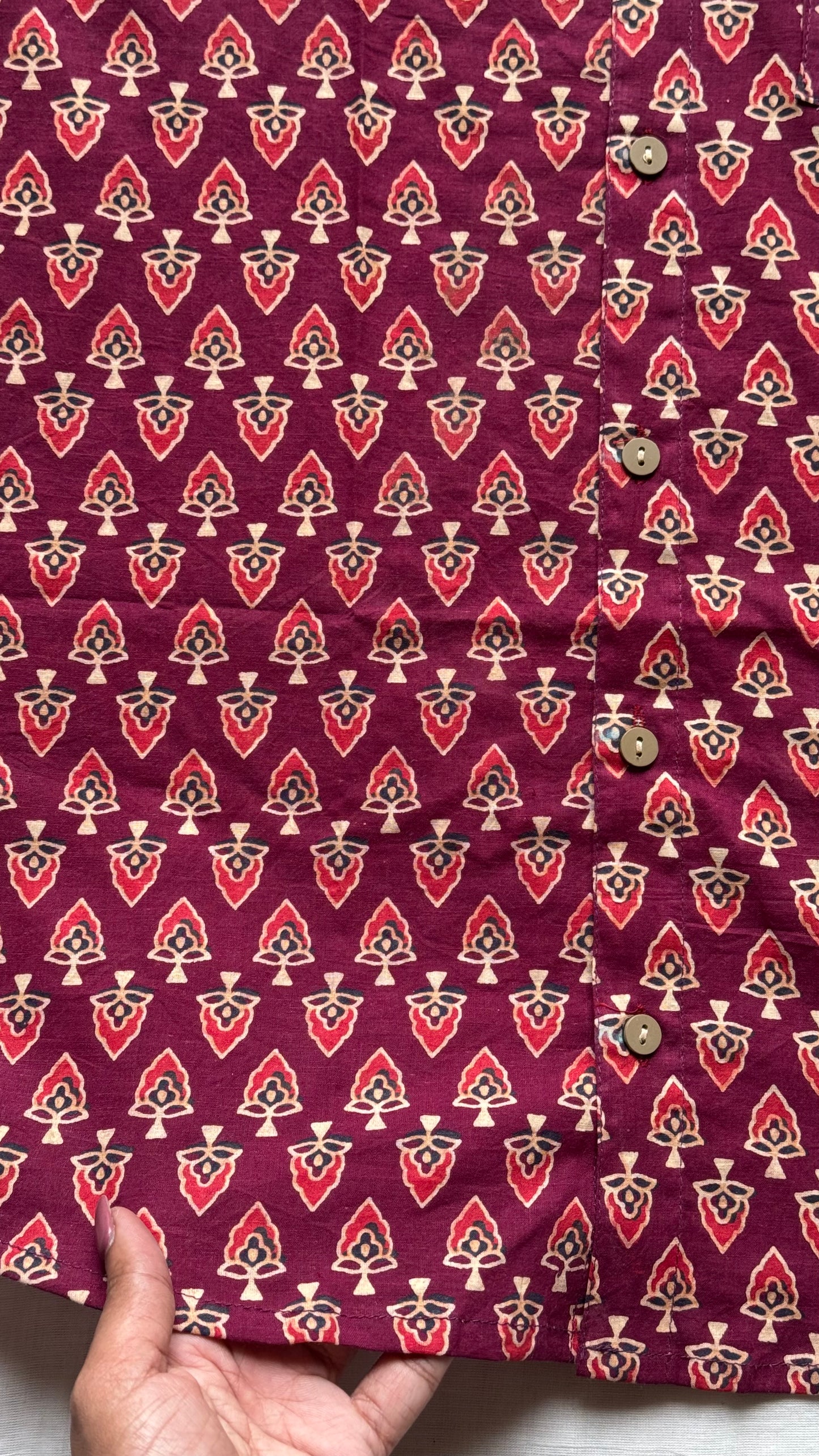 Maroon Paisley Motif Block Printed Cotton Men's Half Sleeve Mandarin Collar Kurta Shirt - YCMSEIE188
