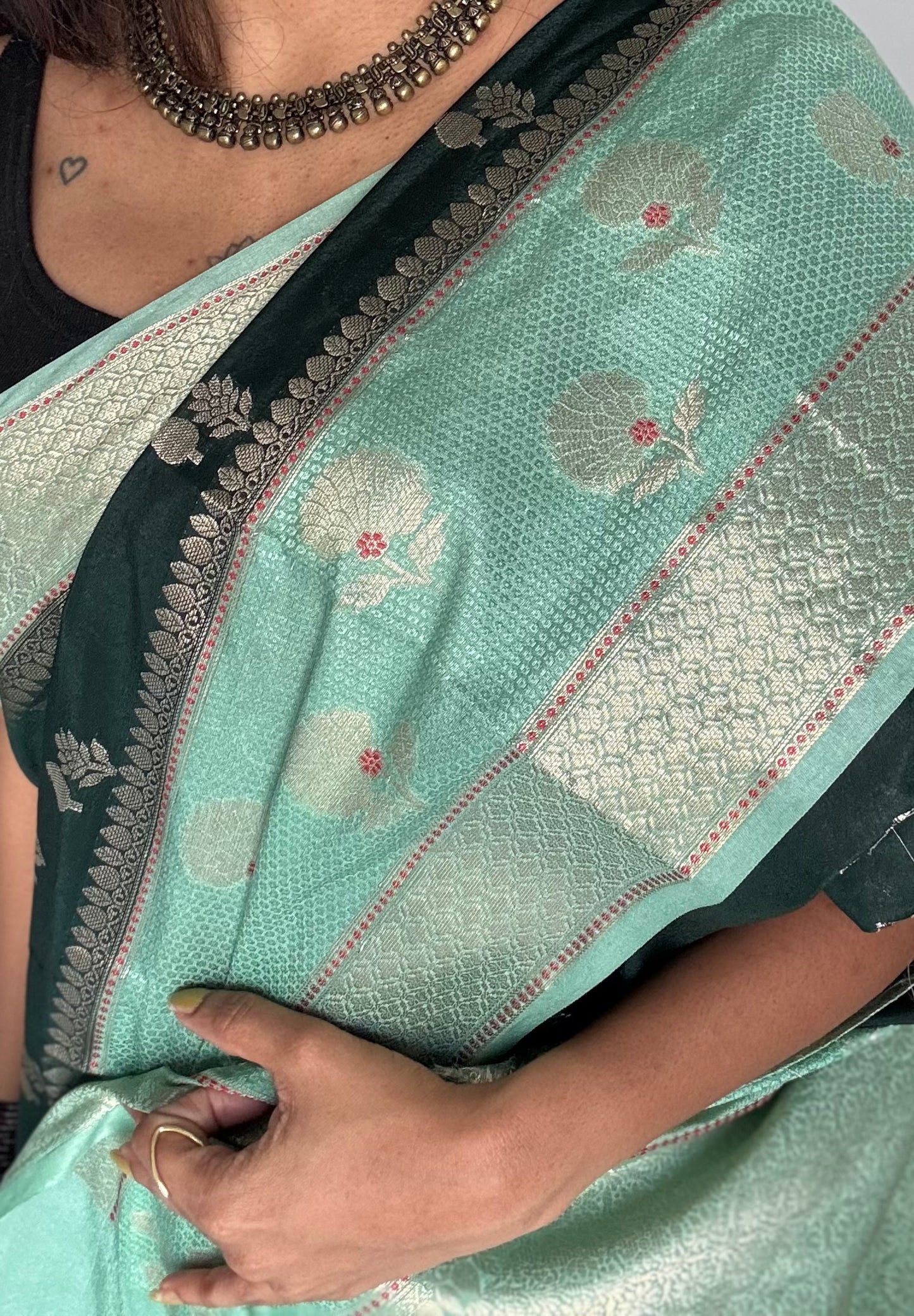 Dark green with pastel green border, semi dupion silk - YCBLSSJA25