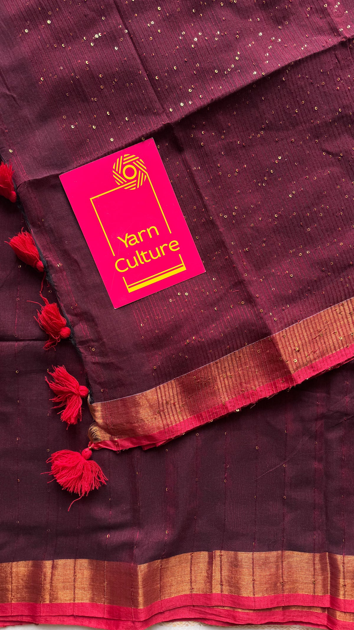 Maroon mul cotton saree with sequins and zari border - YCBCMCSE30