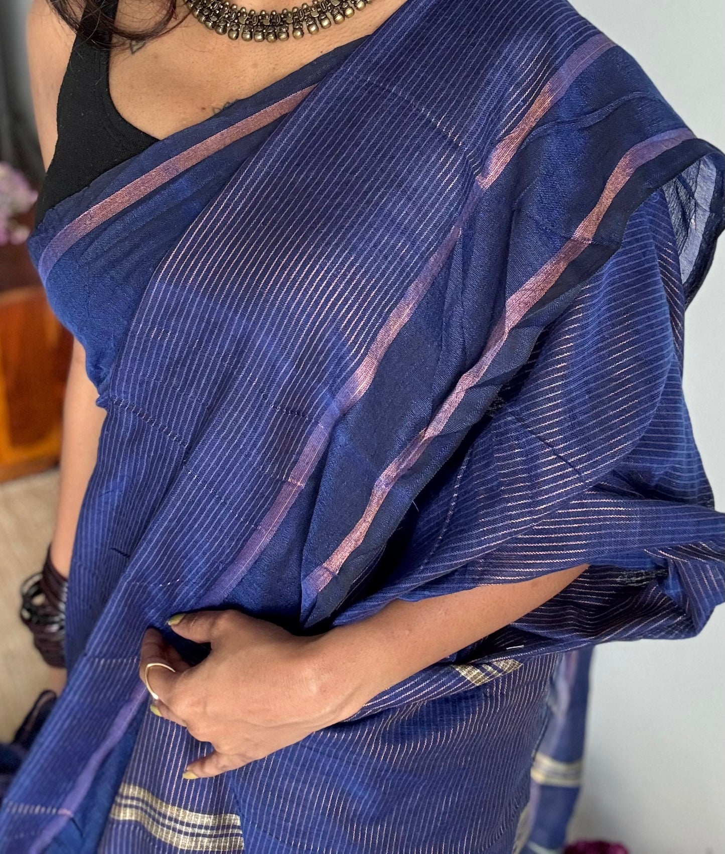 Dark indigo blue, gap border, antique gold zari stripes, soft cotton - YCBCKCZDE122