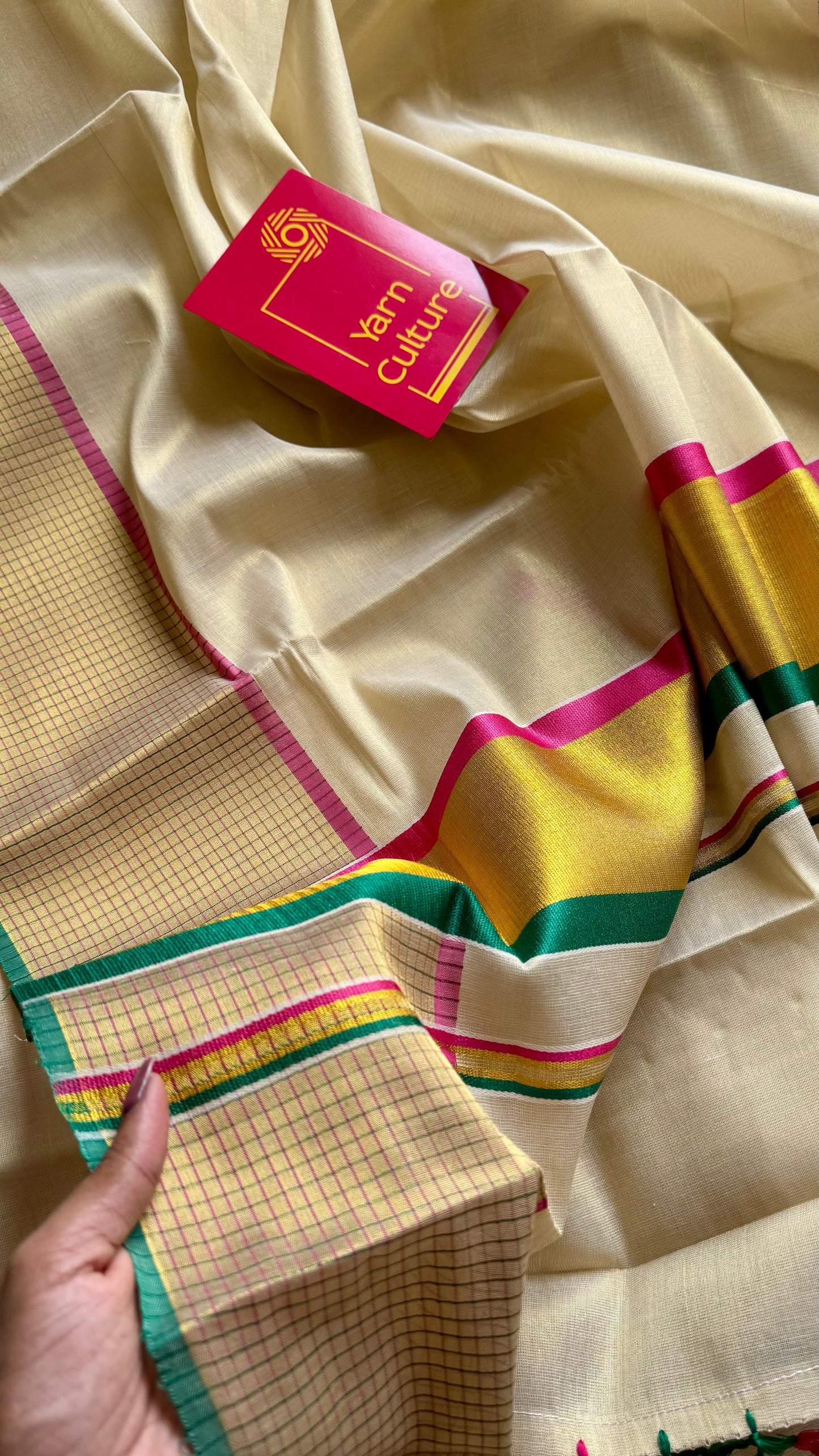 Ivory and gold soft tissue cotton saree, pink and green, checkered border - YCIEON77