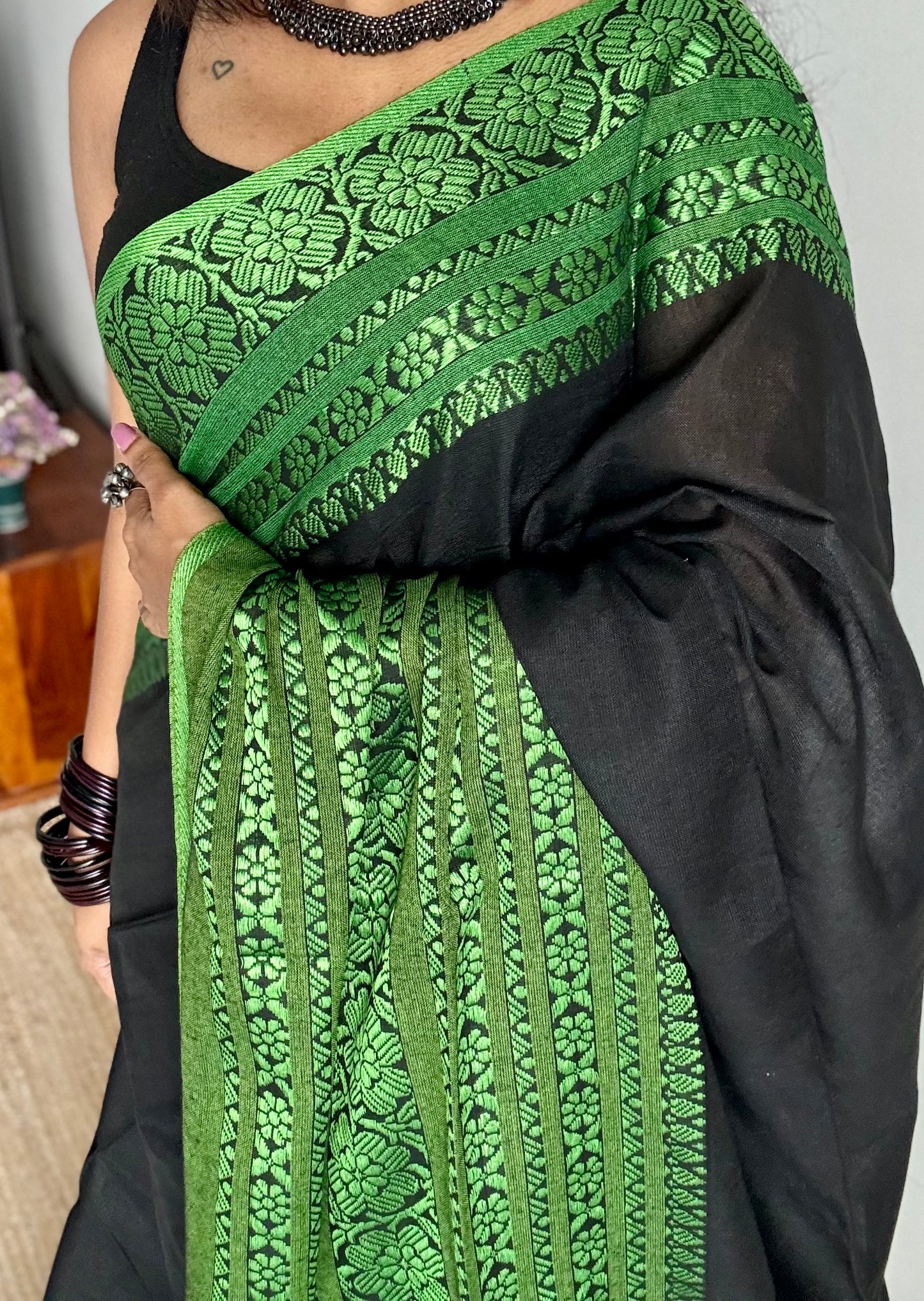 Black with green threadwork, begampuri soft cotton - YCBCBPJA195