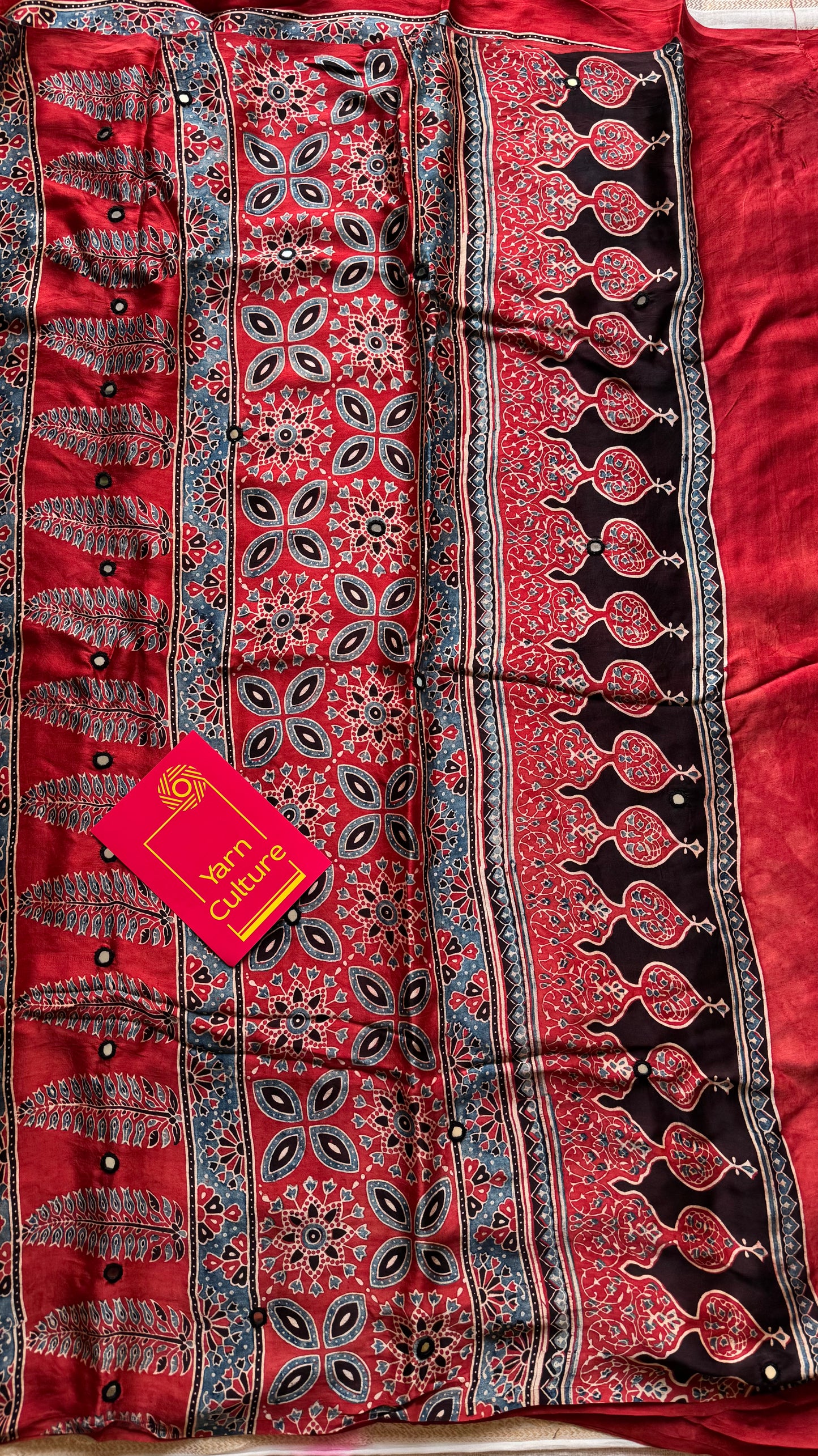 Red pure modal silk saree with ajrakh handblock print and mirror work - YCTOKAJM338