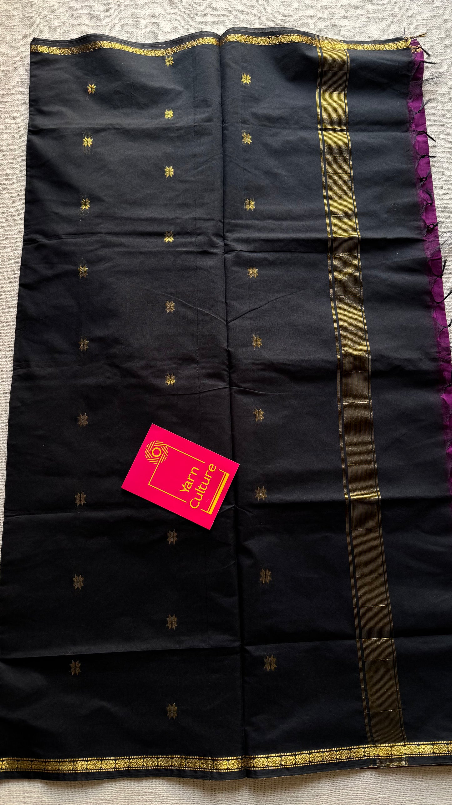 Grape wine with black, gold buttas, semi maheshwari cotton silk - YCCOTNCSDE86