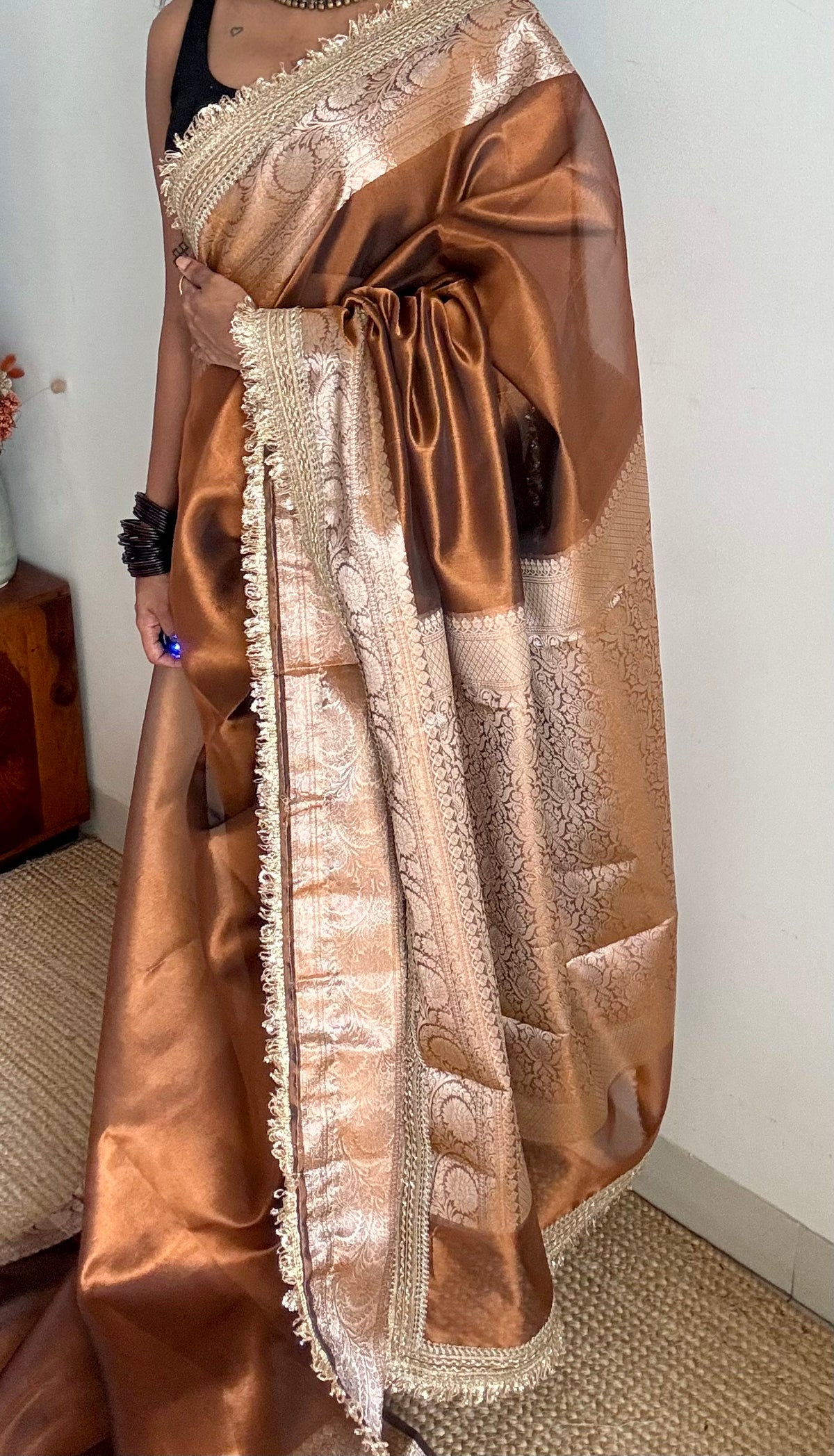 Brown tissue Banarasi saree with embellished gold lace border - YCBLTOC80