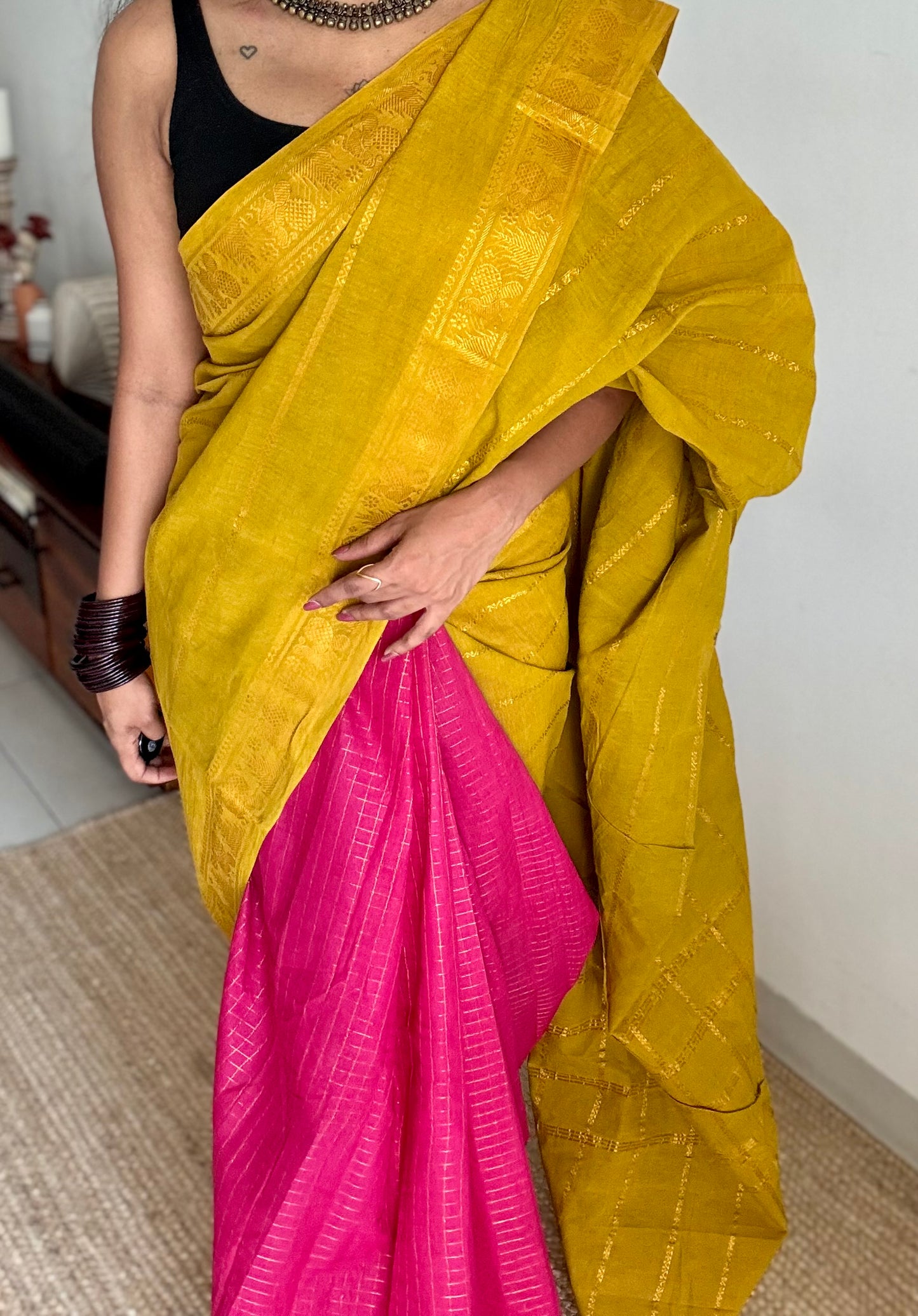 Lime green with hot pink, sungudi cotton half-half saree - YCCOTNIDMA291