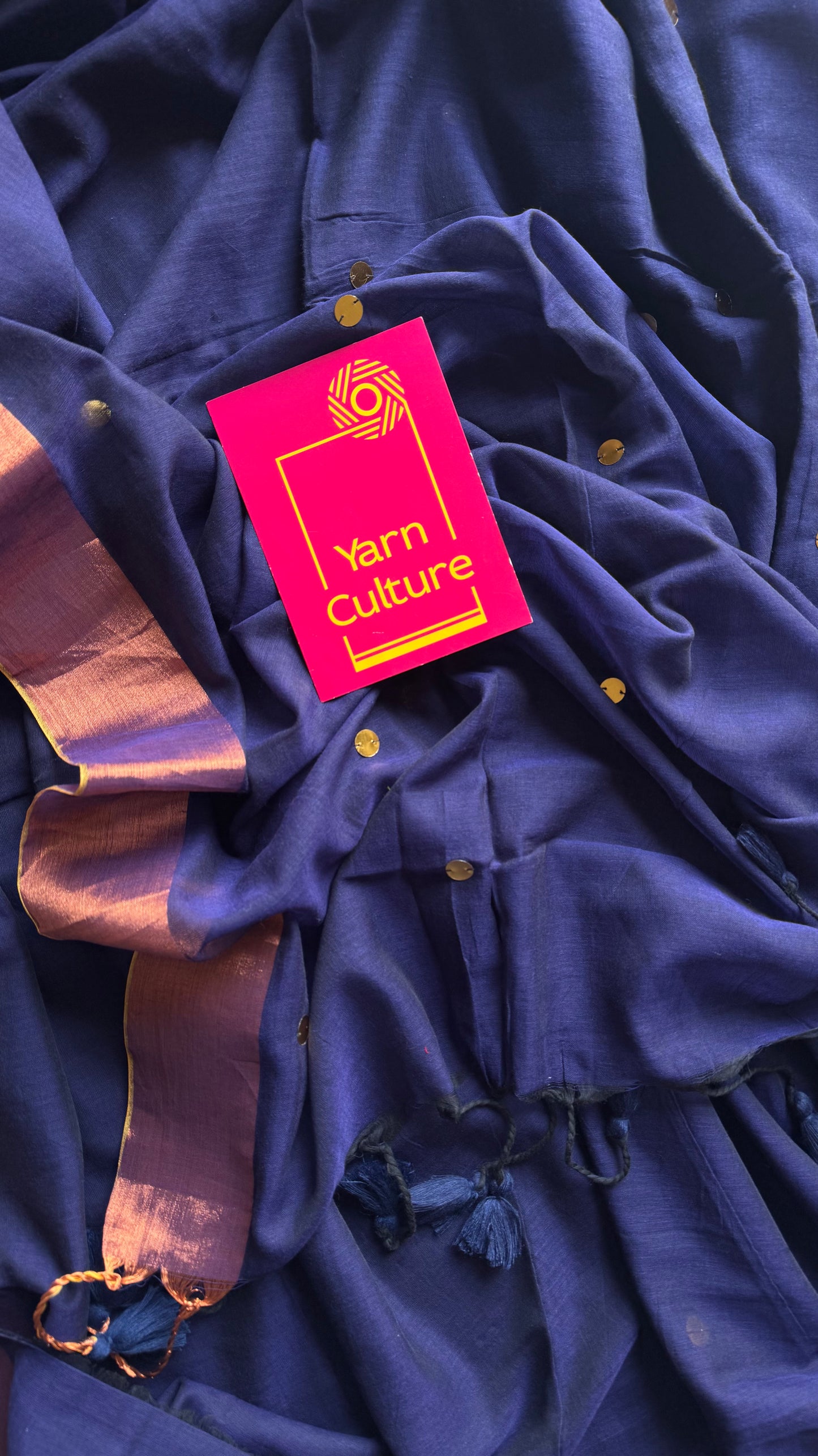 Dark blue mul with gini sequins and copper zari border - YCBCMCNO59