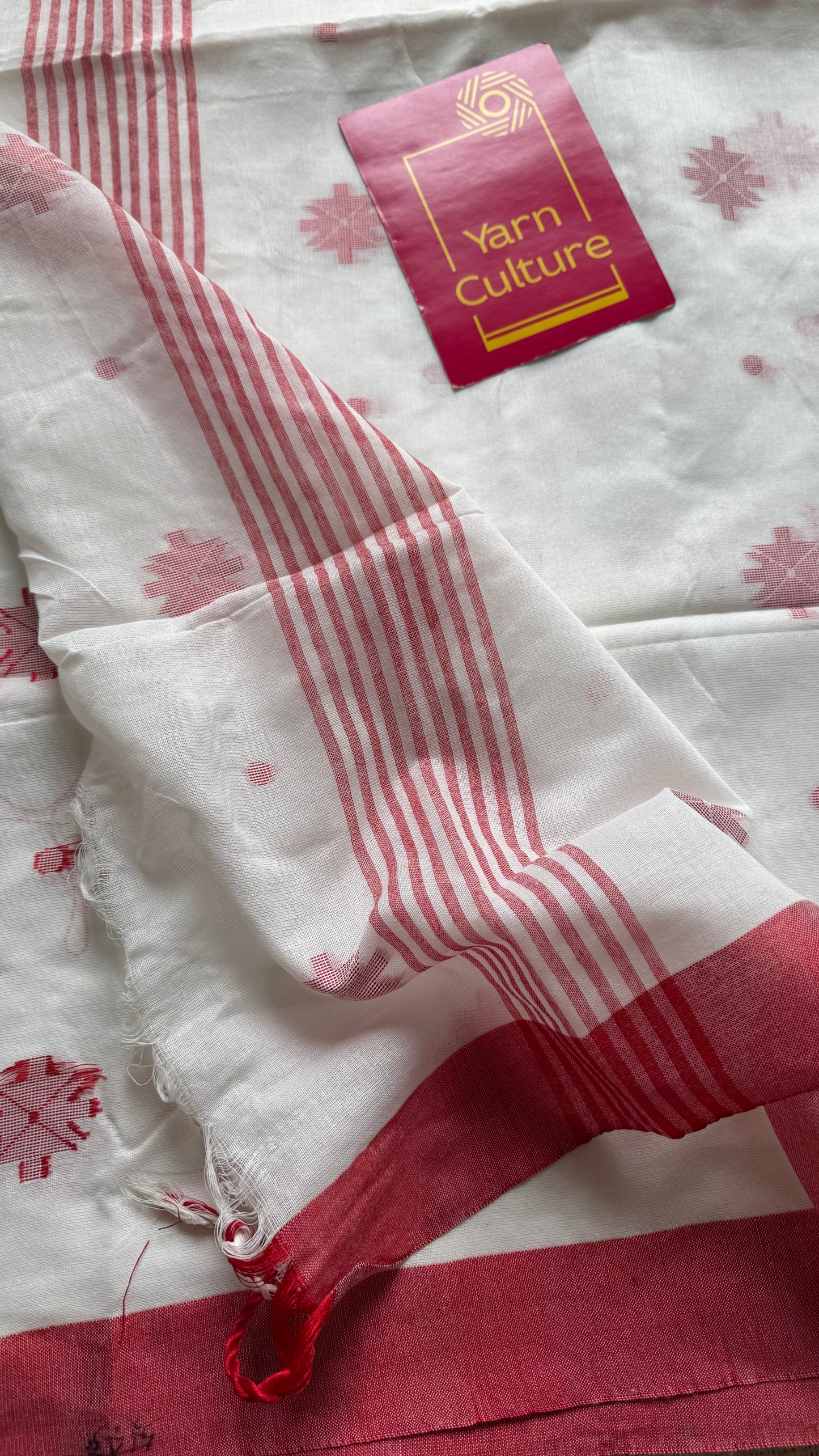 White with red border, jamdani motifs, soft cotton - YCBCDP08