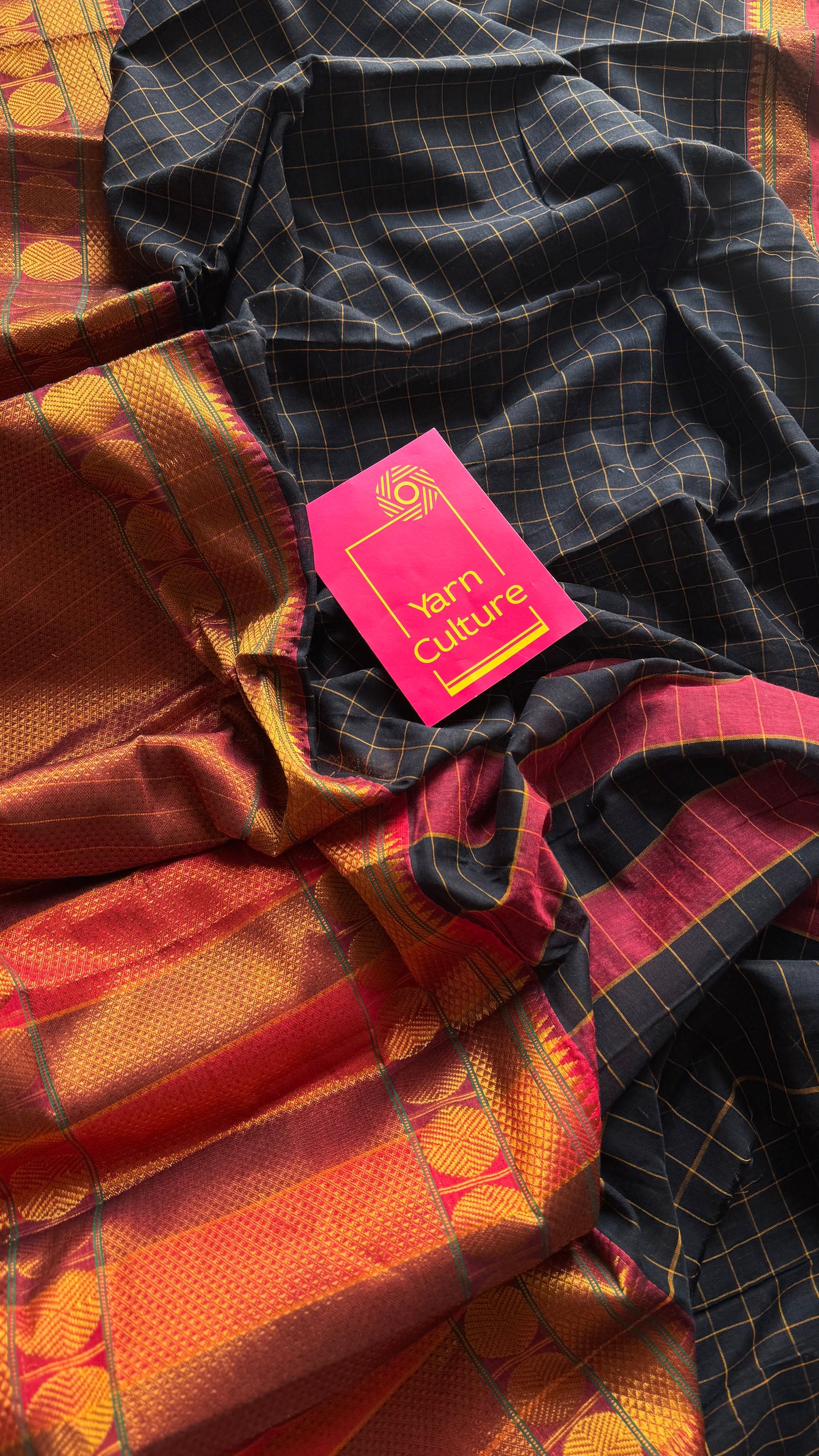 Black checkered premium narayanpet soft cotton with wide zari border - YCWOTDNPNO78