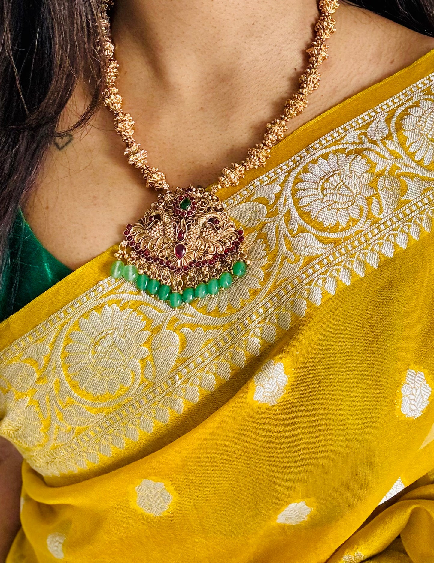 Ruby green peacock pendant neckpiece, with earrings - YCGPNP630